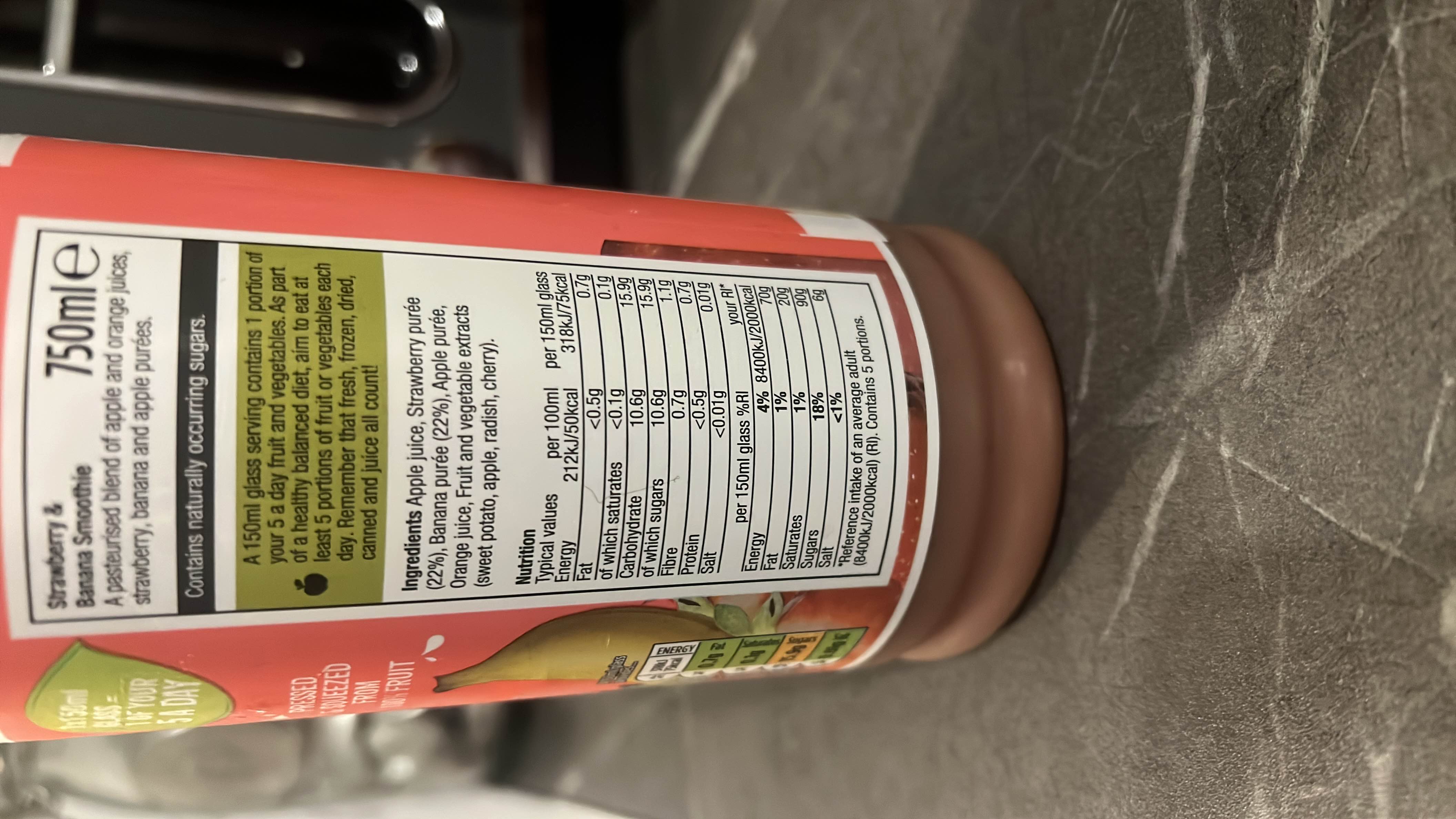 A 150ml serving of strawberry and banana smoothie contains 75 calories, 1g protein, 15g carbs, and less than 0.5g fat. It is made from apple juice, strawberry purée, banana purée, and orange juice.