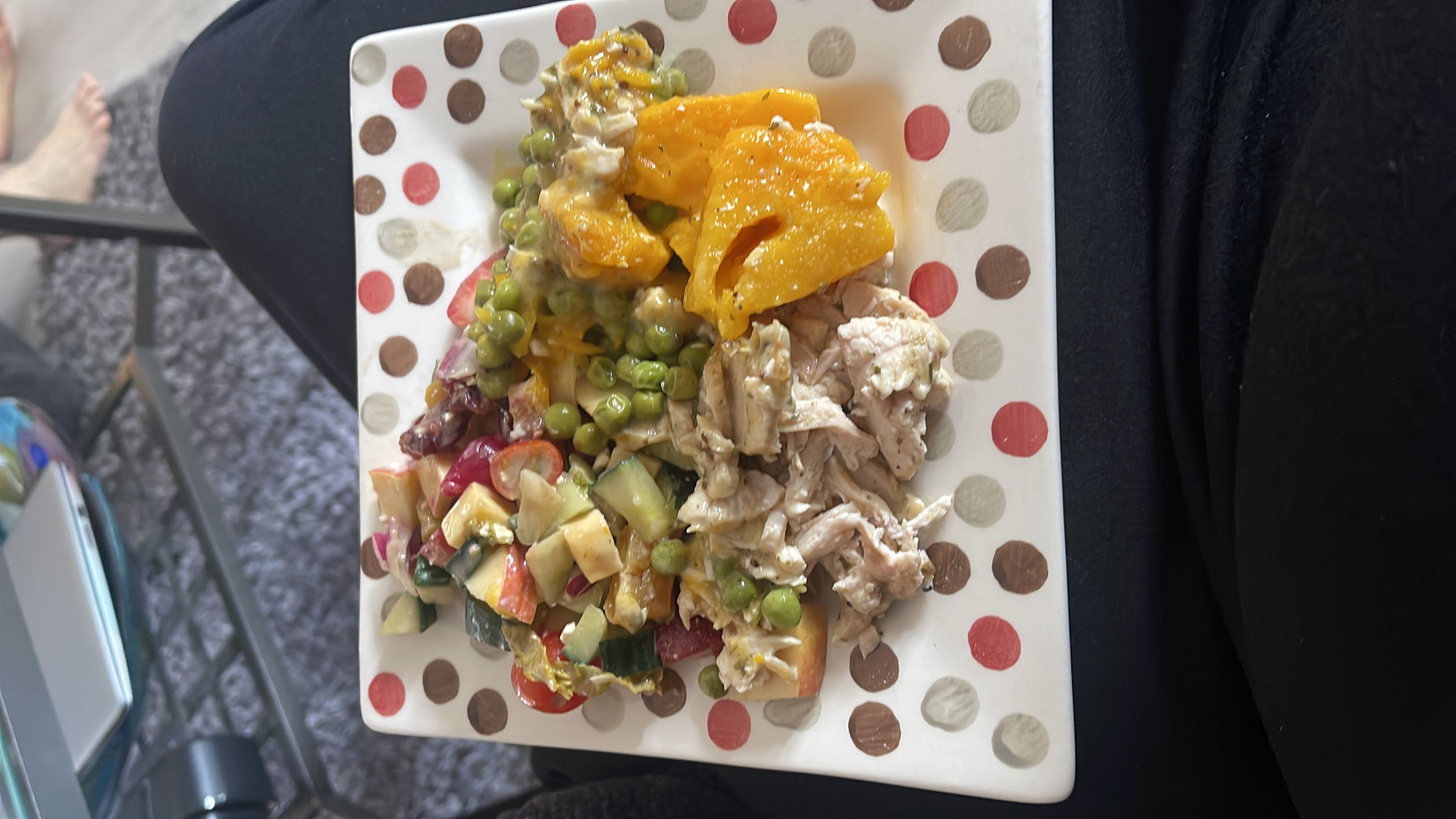 A balanced meal consisting of chicken, peas, roasted squash, and a mixed salad, providing a good mix of protein, carbs, and fats.