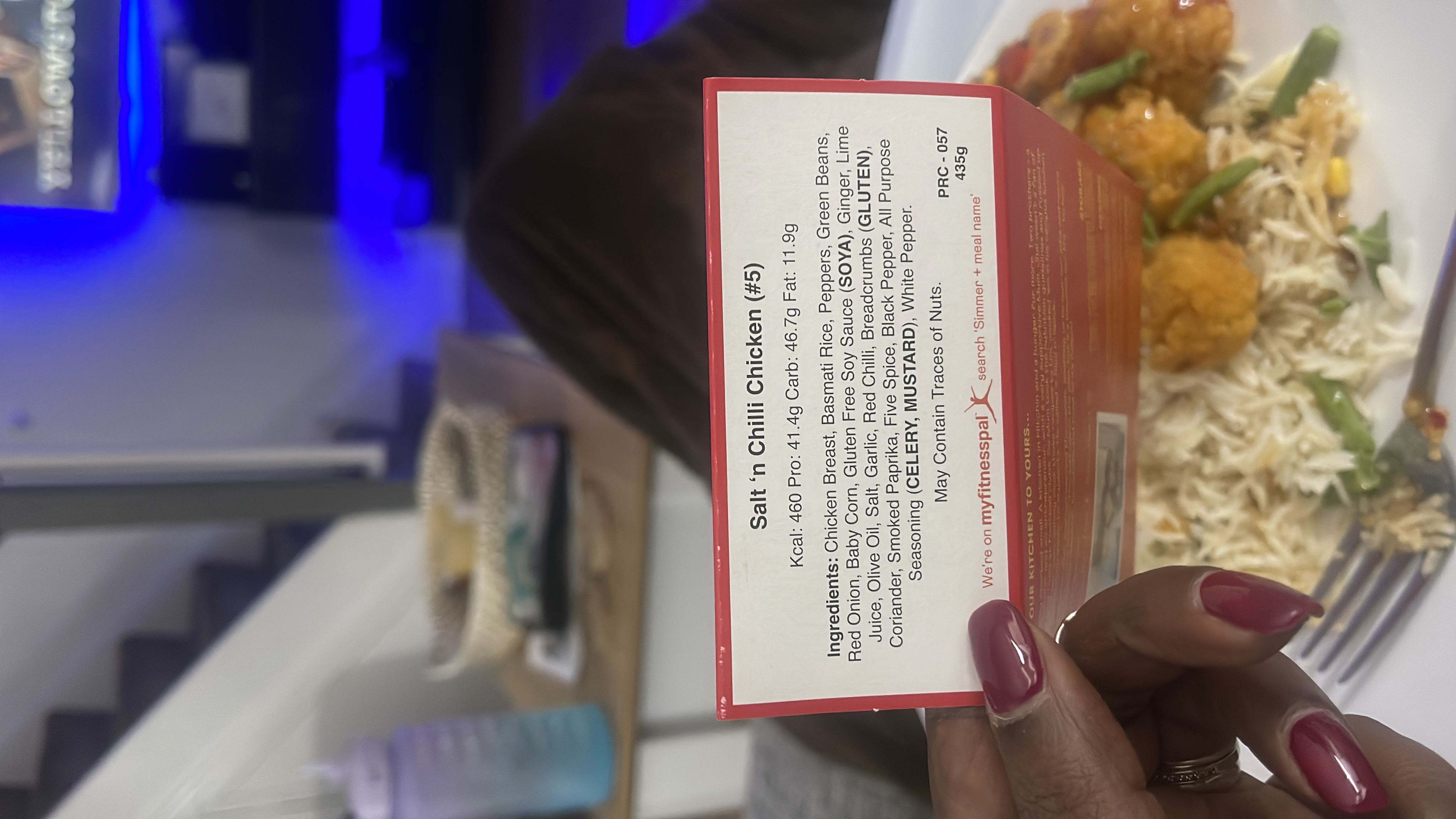 Salt 'n Chilli Chicken is a high-protein, moderate-carb, and low-fat meal with a mix of chicken, rice, and vegetables, providing a balanced nutritional profile.