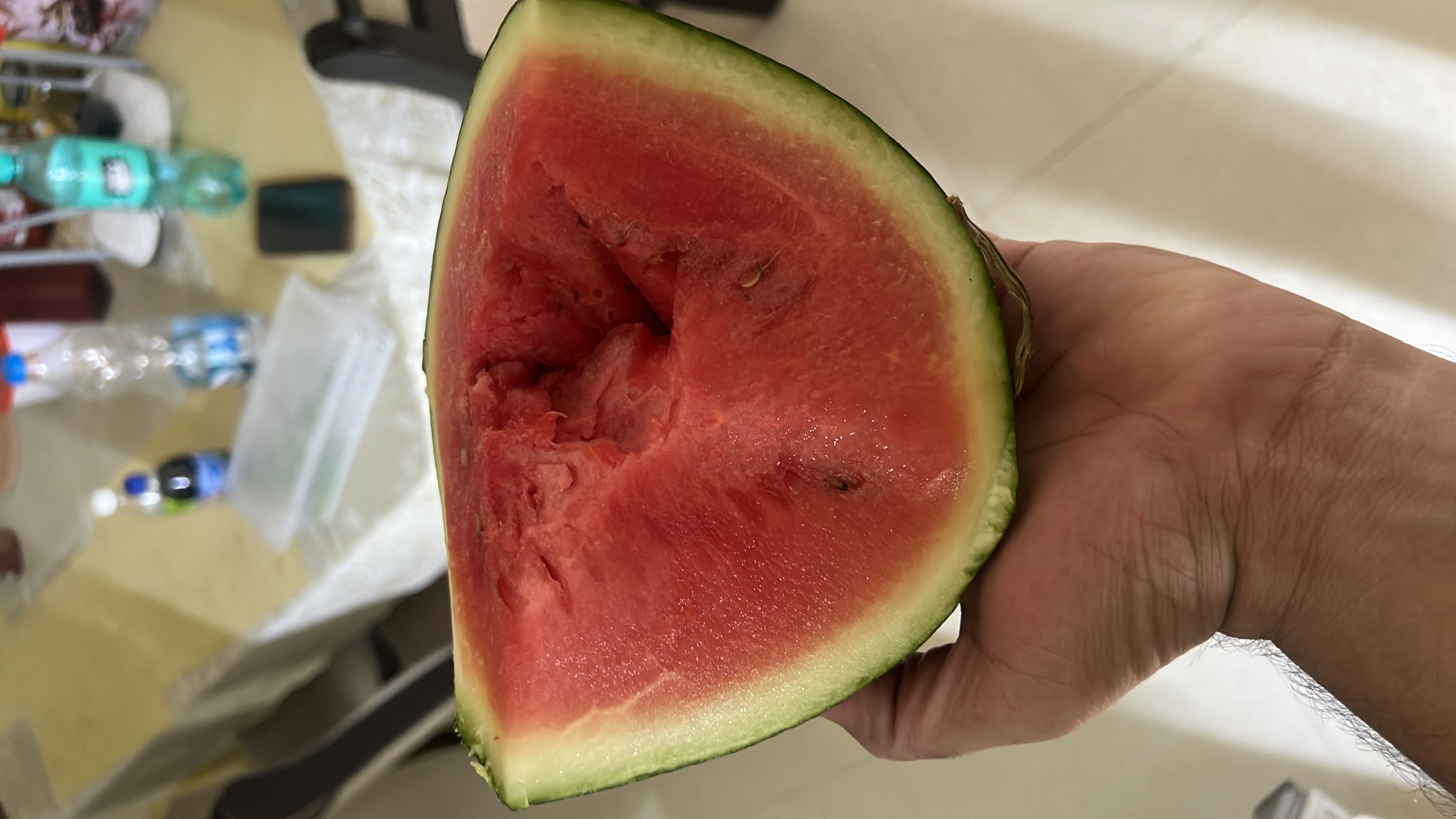 A fresh slice of watermelon, low in calories and fats, rich in hydration and nutrients.