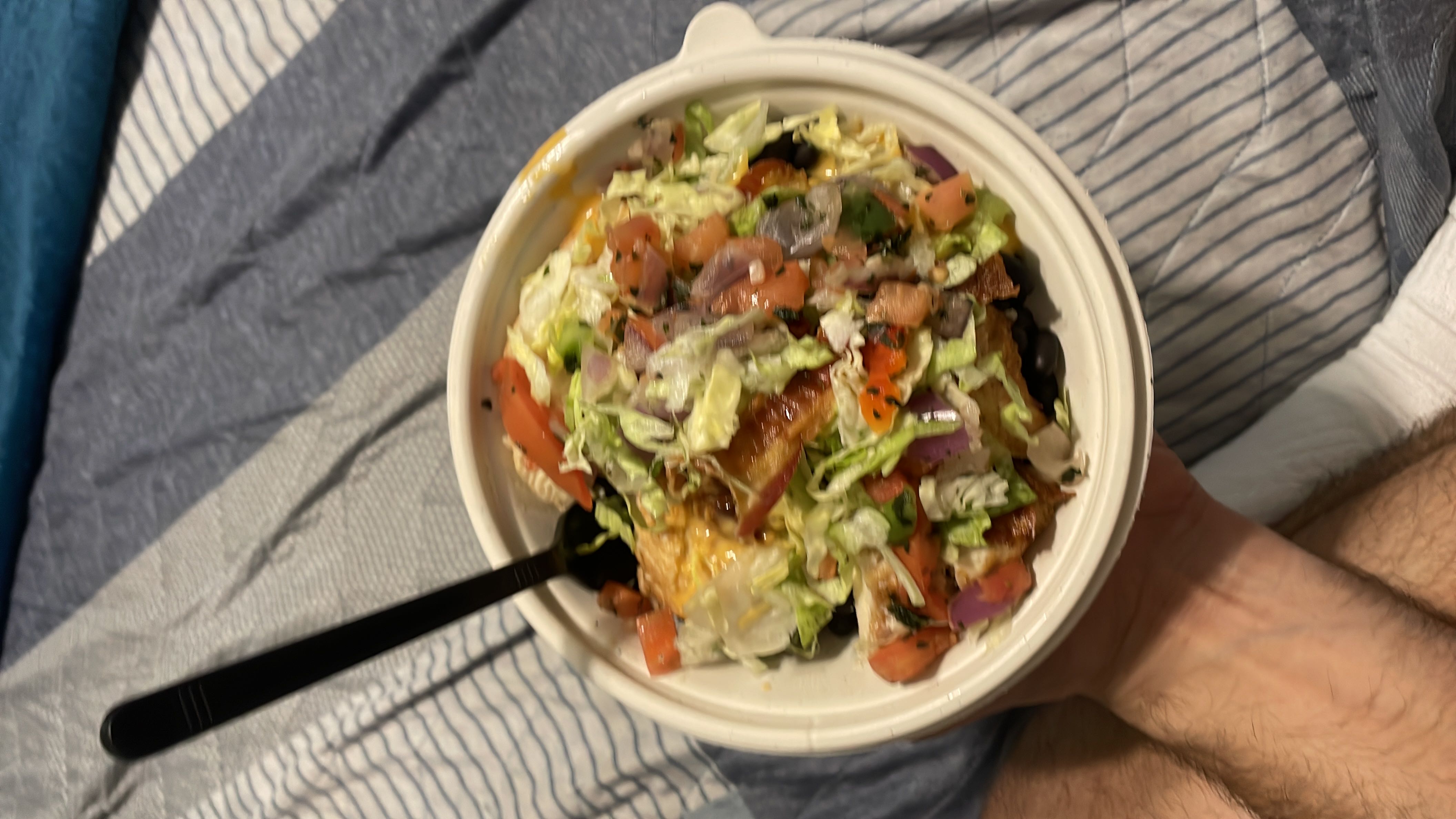 A healthy bowl containing lettuce, tomatoes, cheese, grilled chicken, and black beans, providing a balanced mix of protein, carbs, and fats.