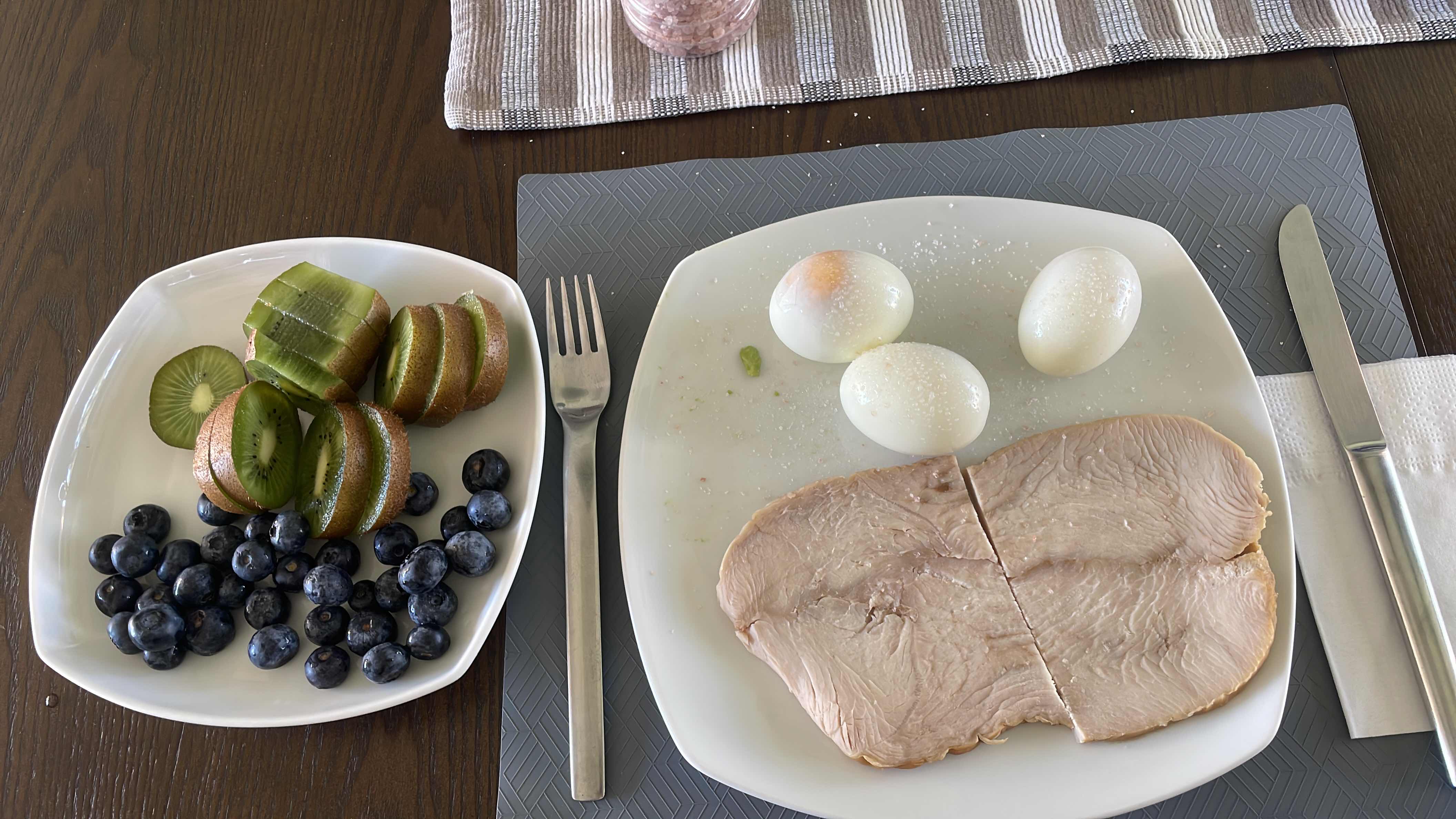 A balanced meal consisting of three boiled eggs, 1.5 servings of turkey breast, kiwis, and blueberries, providing a good mix of protein, carbs, and fats.