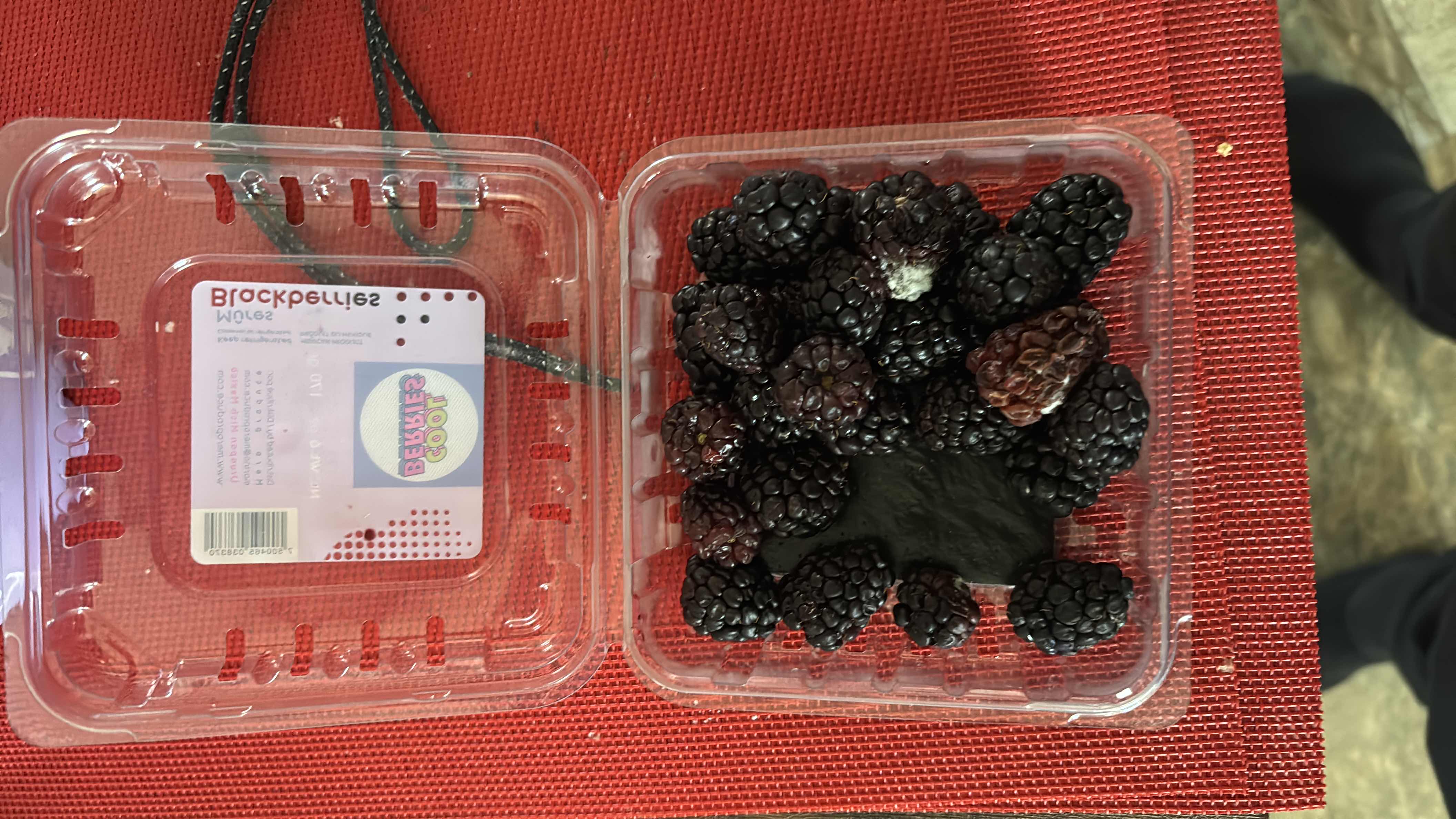 The image shows a container of fresh blackberries, which are low in calories and rich in nutrients.