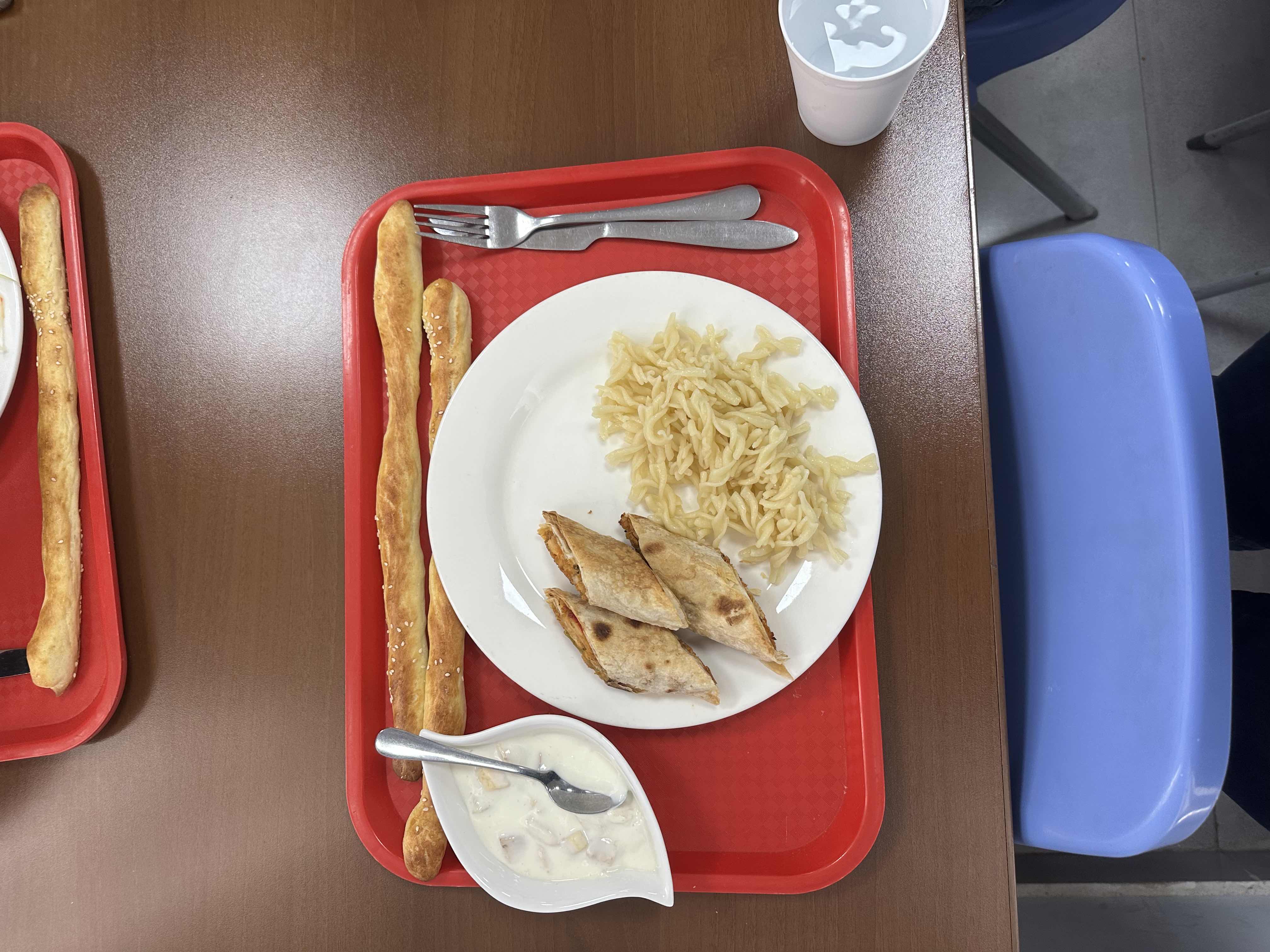 A meal consisting of breadsticks, pasta, stuffed pastry, and yogurt with fruit, served on a red tray.