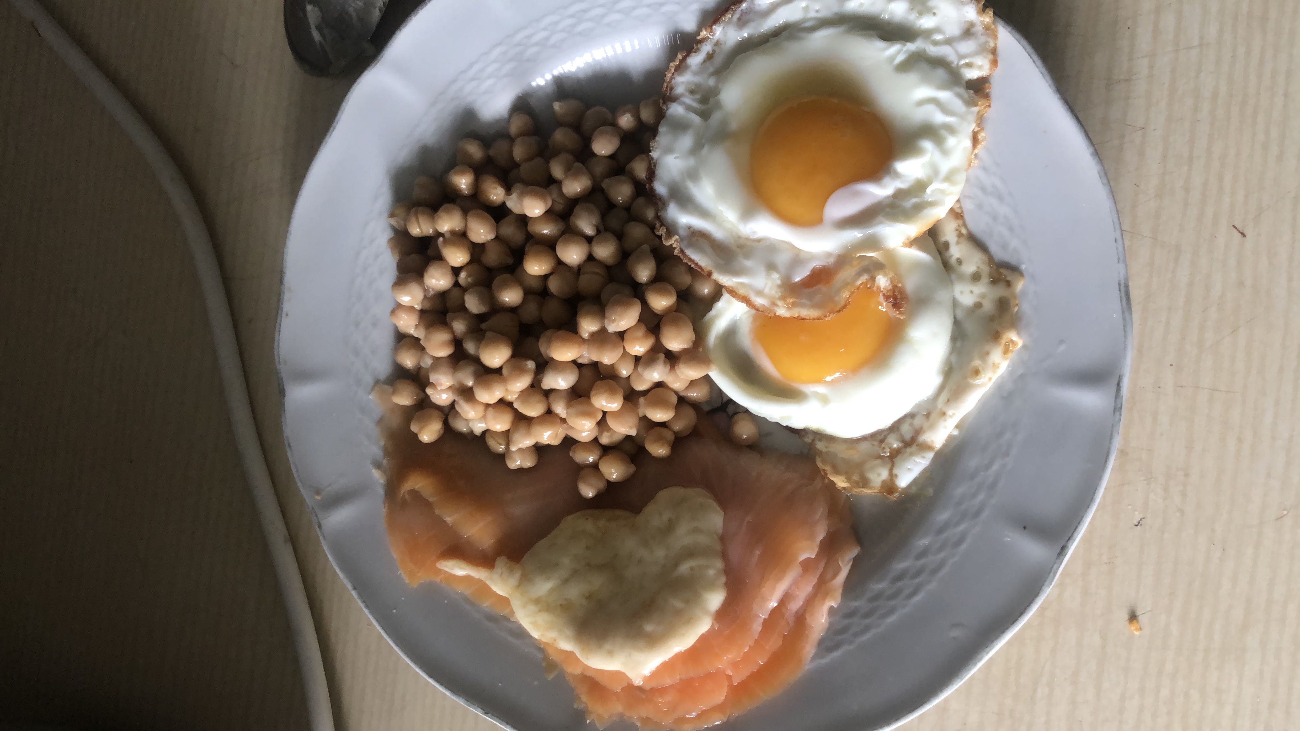 A balanced meal consisting of smoked salmon, chickpeas, and fried eggs, providing a good mix of protein, healthy fats, and carbohydrates.
