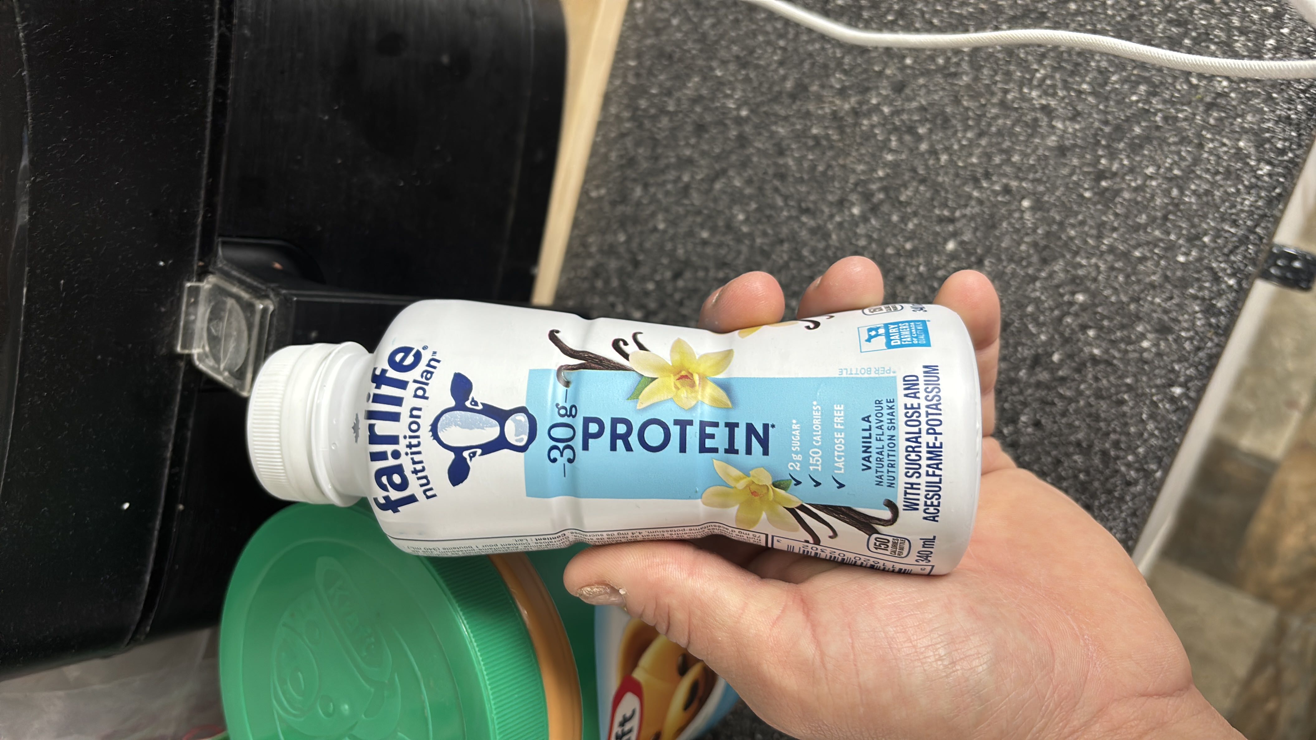 A lactose-free vanilla-flavored nutrition shake with 30g of protein, 2g of sugar, and 150 calories per bottle.