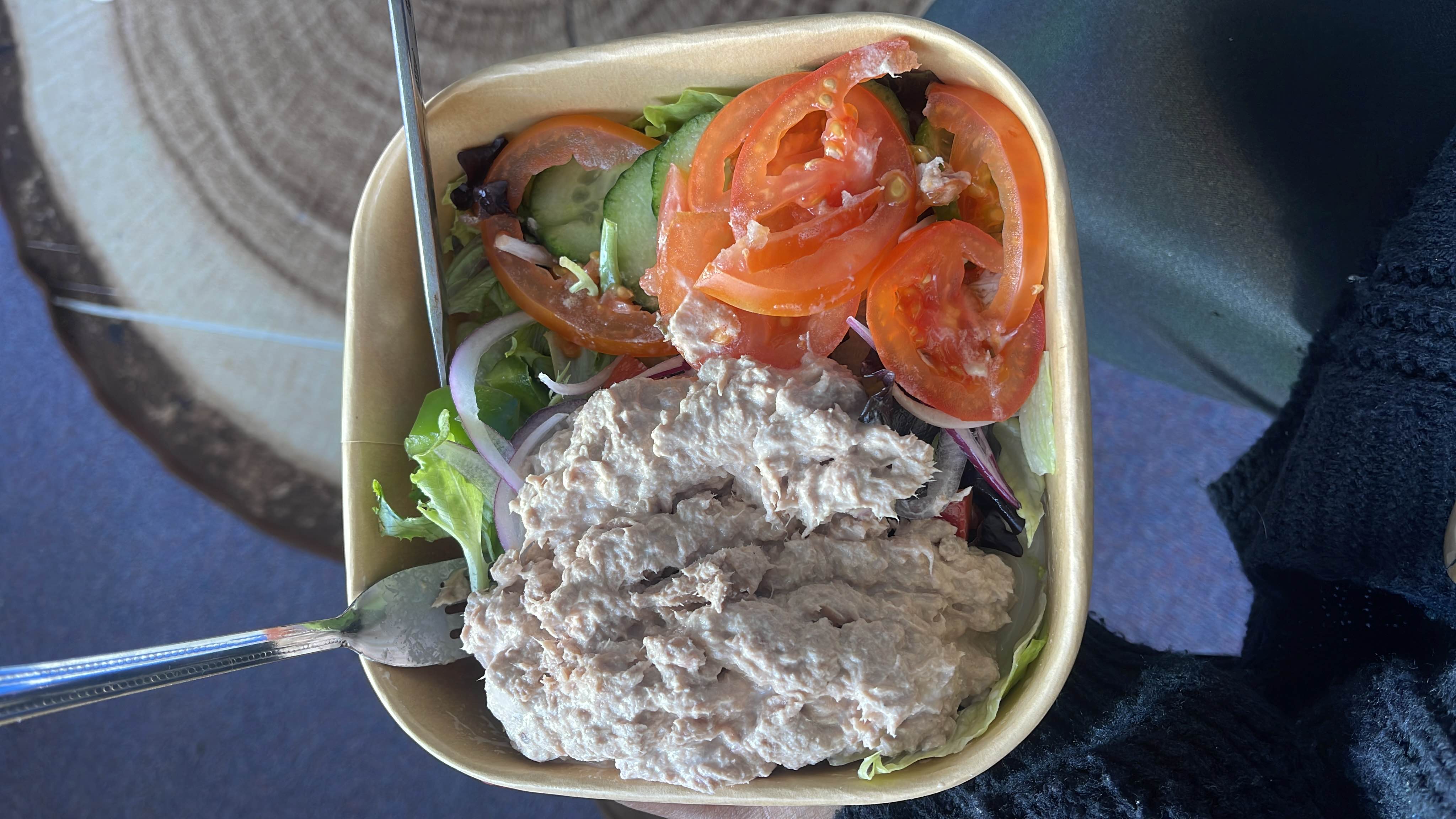 A healthy salad bowl containing tuna, lettuce, tomato, cucumber, and onion, providing a balanced mix of protein, carbs, and fats.