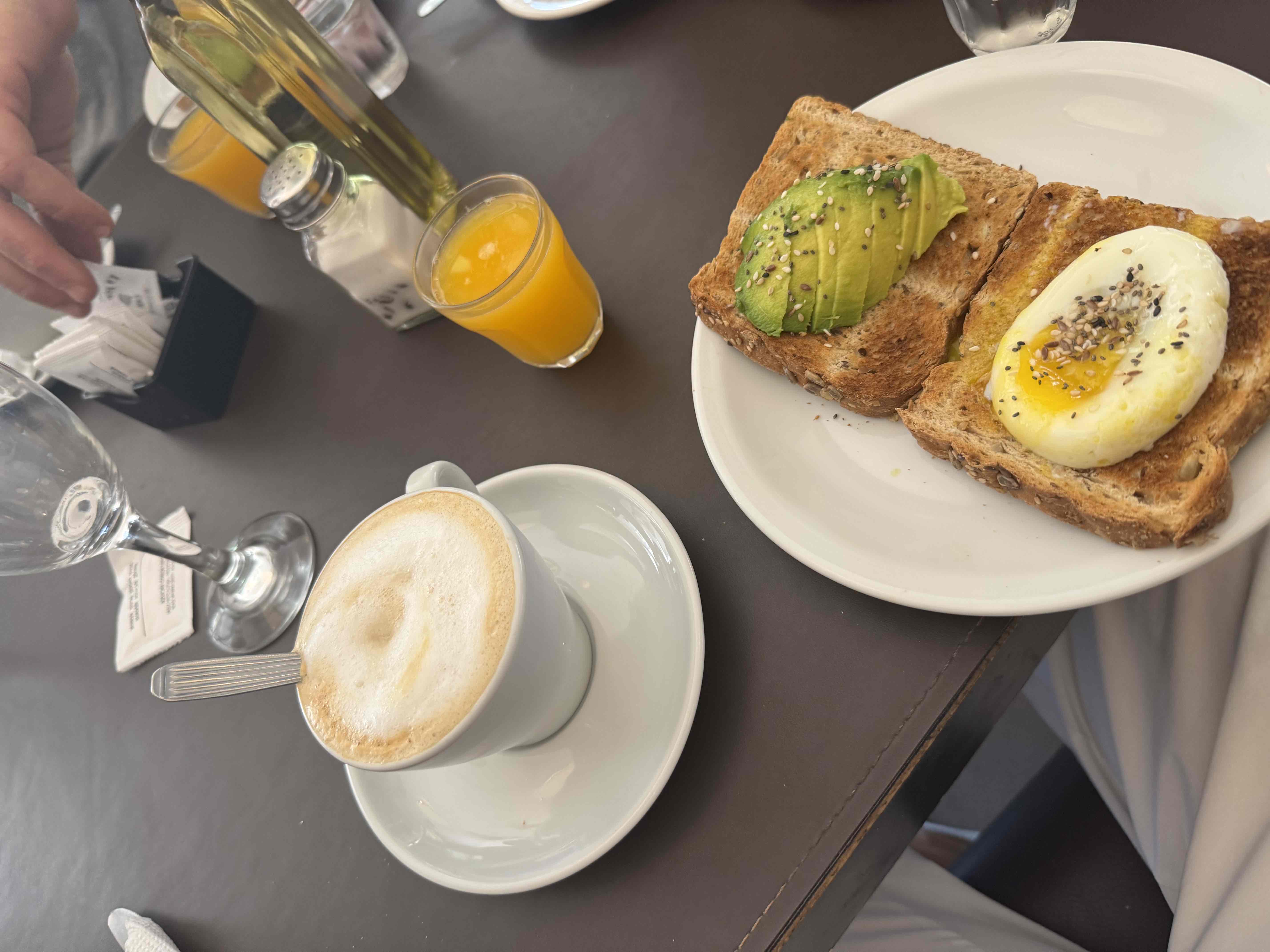 A healthy breakfast consisting of whole grain toast with avocado and egg, accompanied by orange juice and a cappuccino.