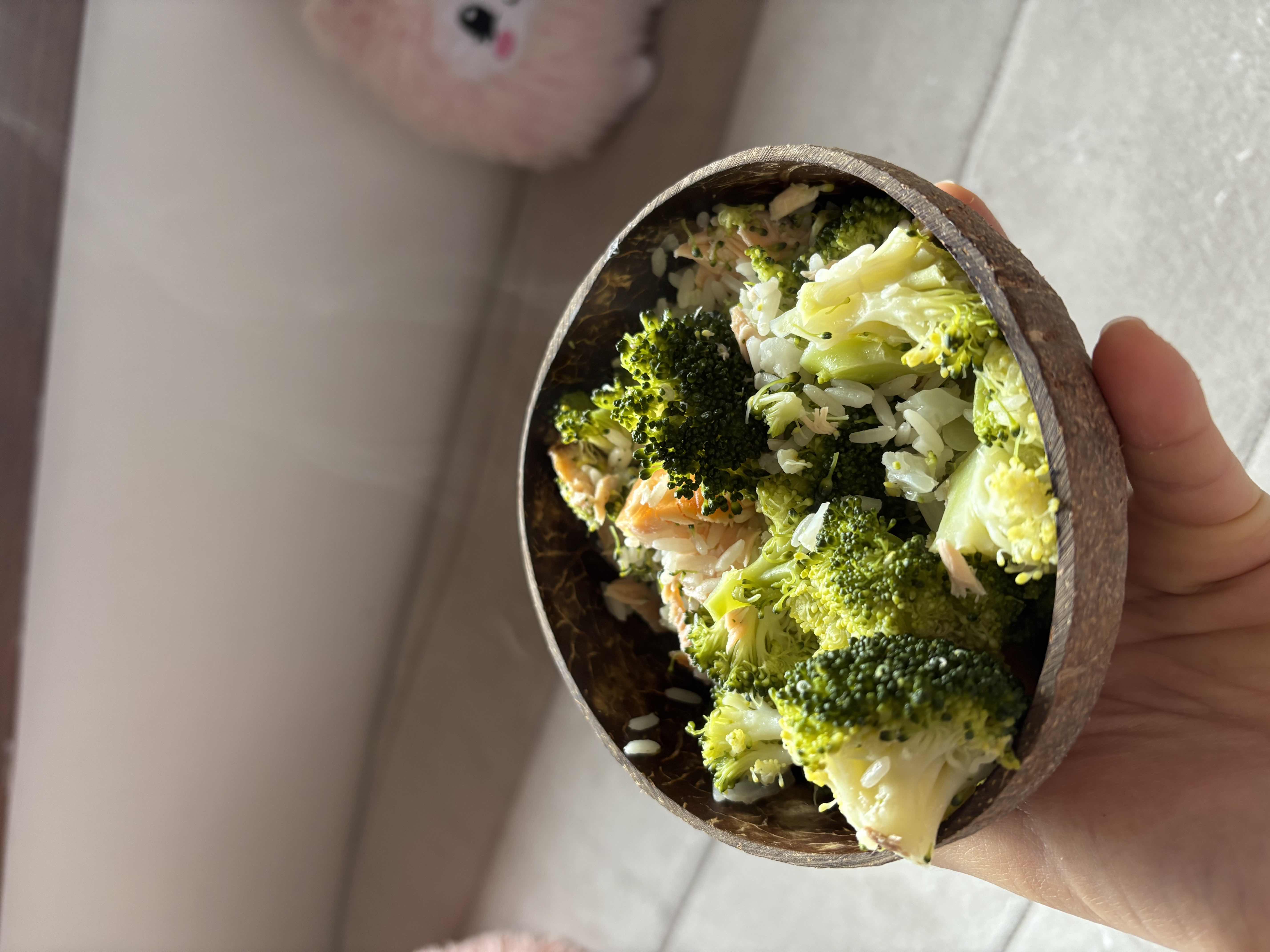 A healthy bowl containing broccoli, rice, and salmon, providing a balanced mix of protein, carbs, and fats.