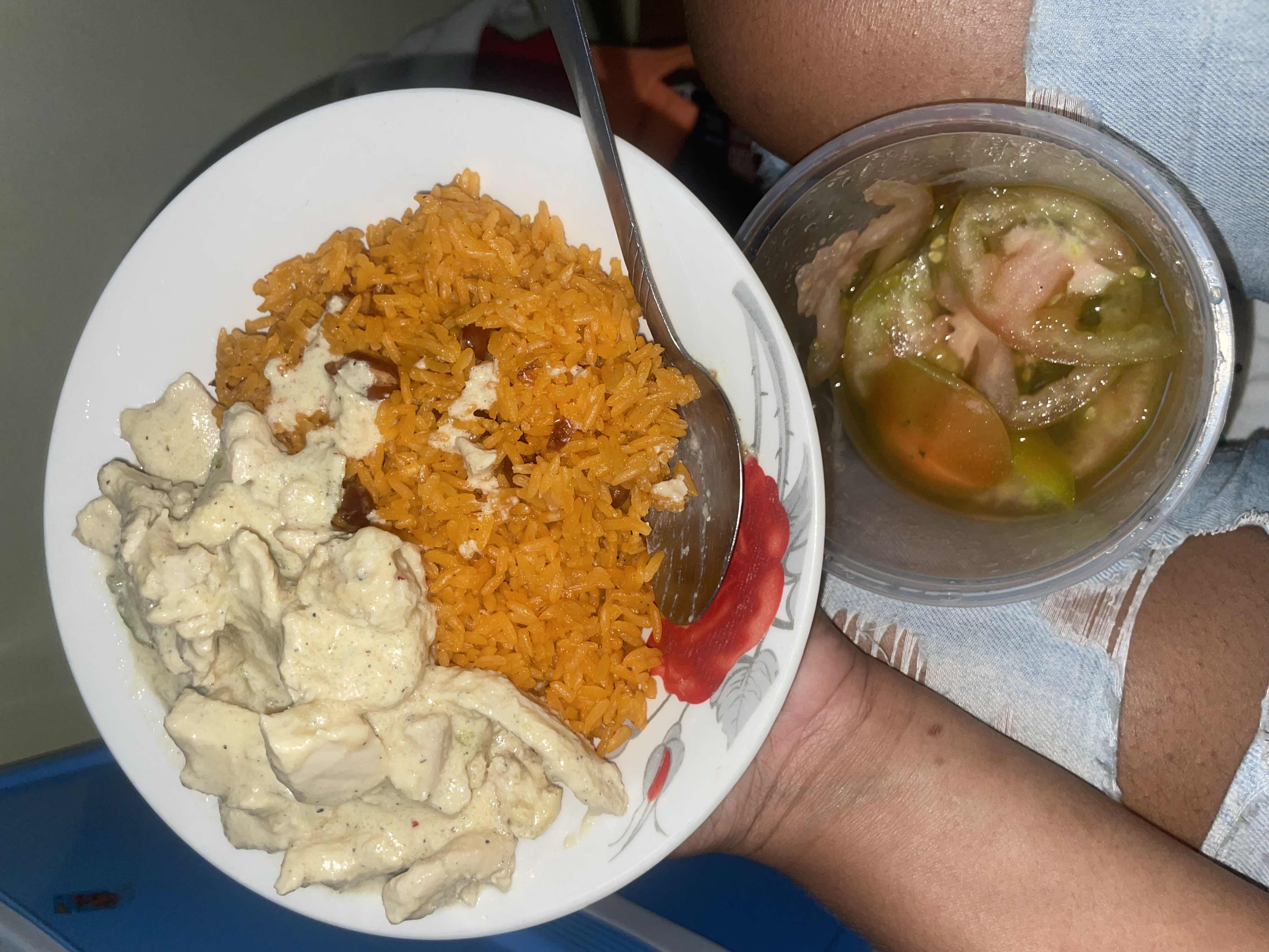 A meal consisting of seasoned rice, creamy chicken, and a side of fresh vegetable salad.