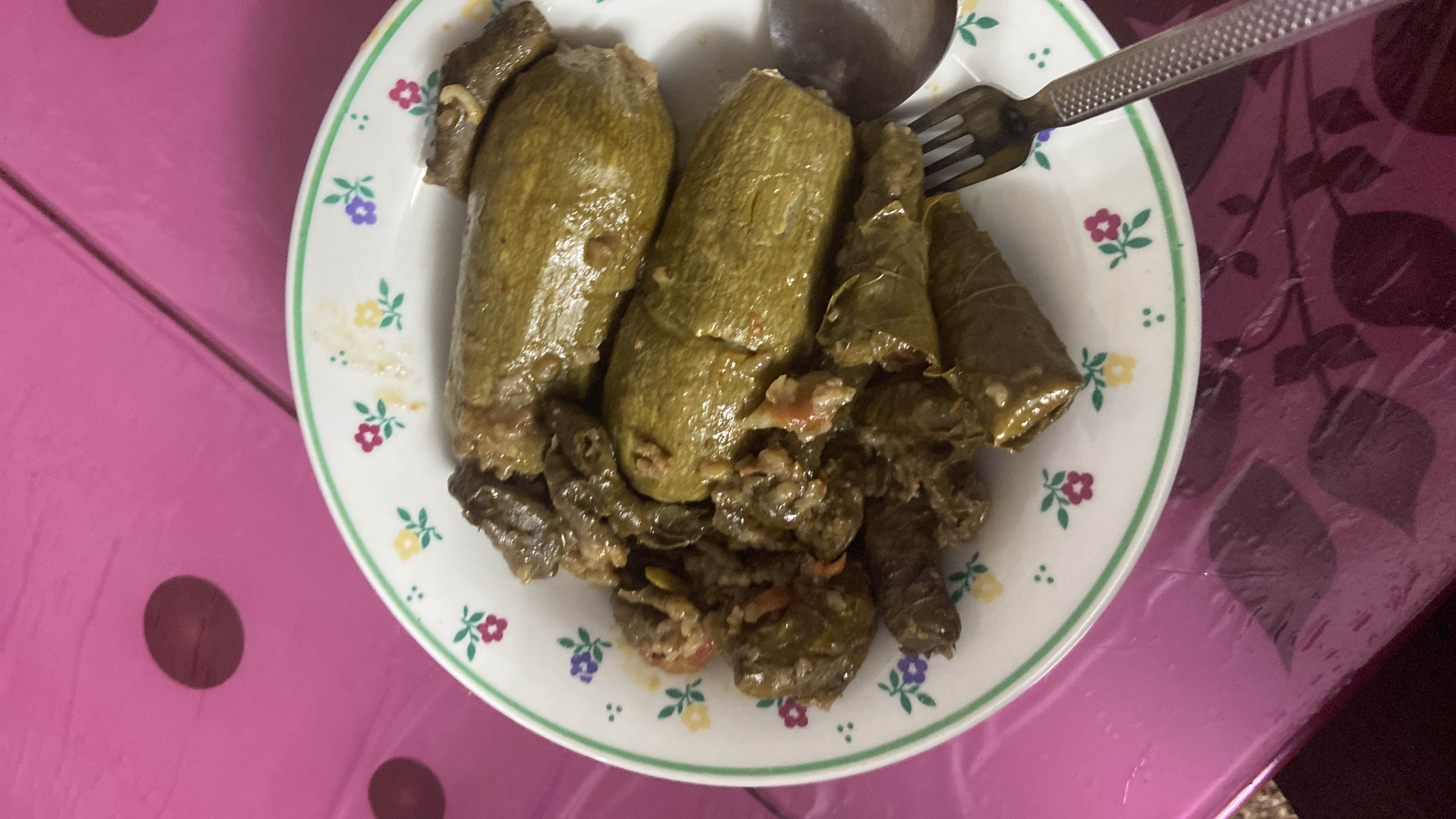 A dish consisting of stuffed zucchini and grape leaves, filled with rice and ground meat, cooked in a savory sauce.