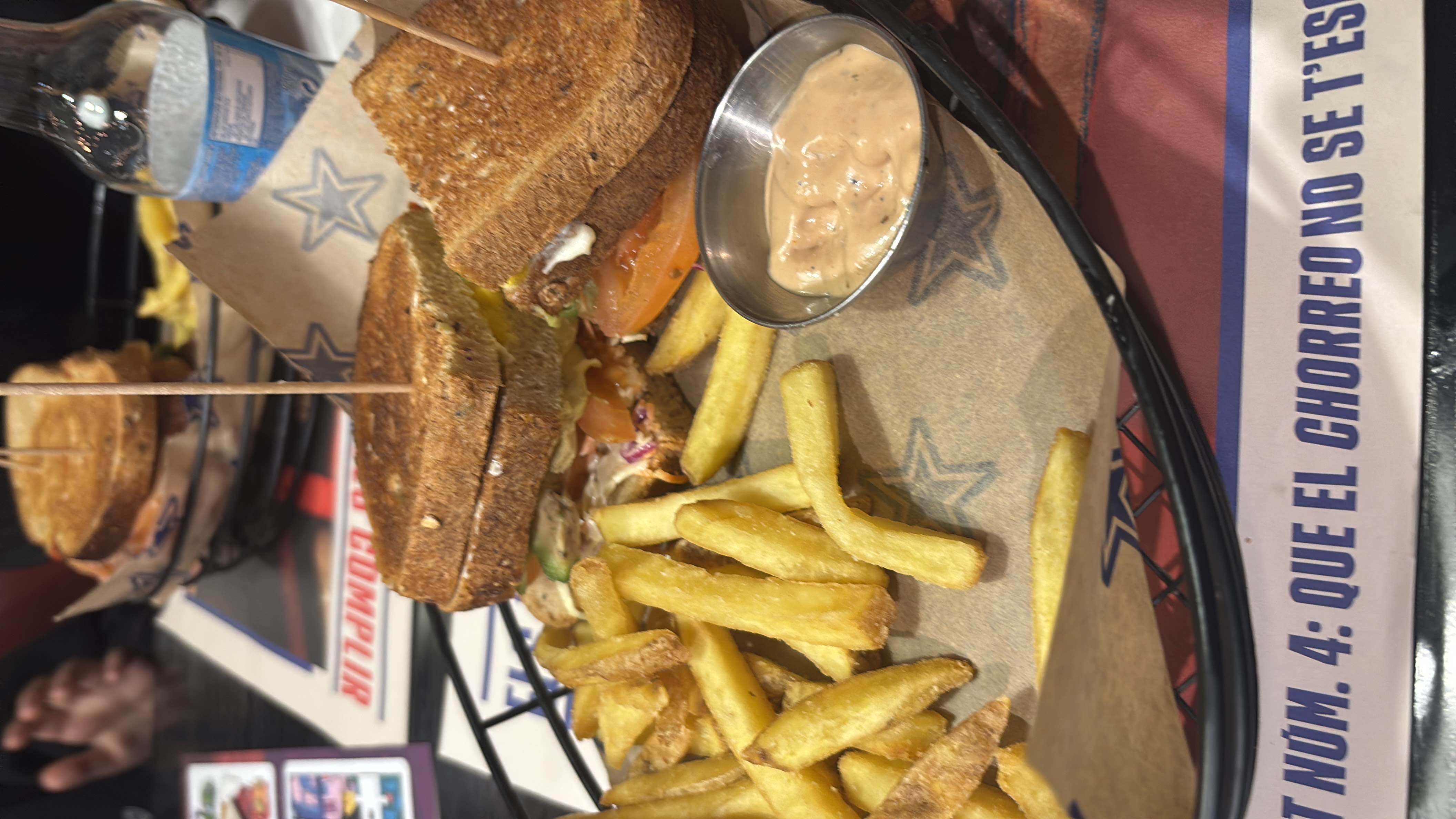 A meal consisting of a grilled sandwich with vegetables, a side of French fries, and a dipping sauce.