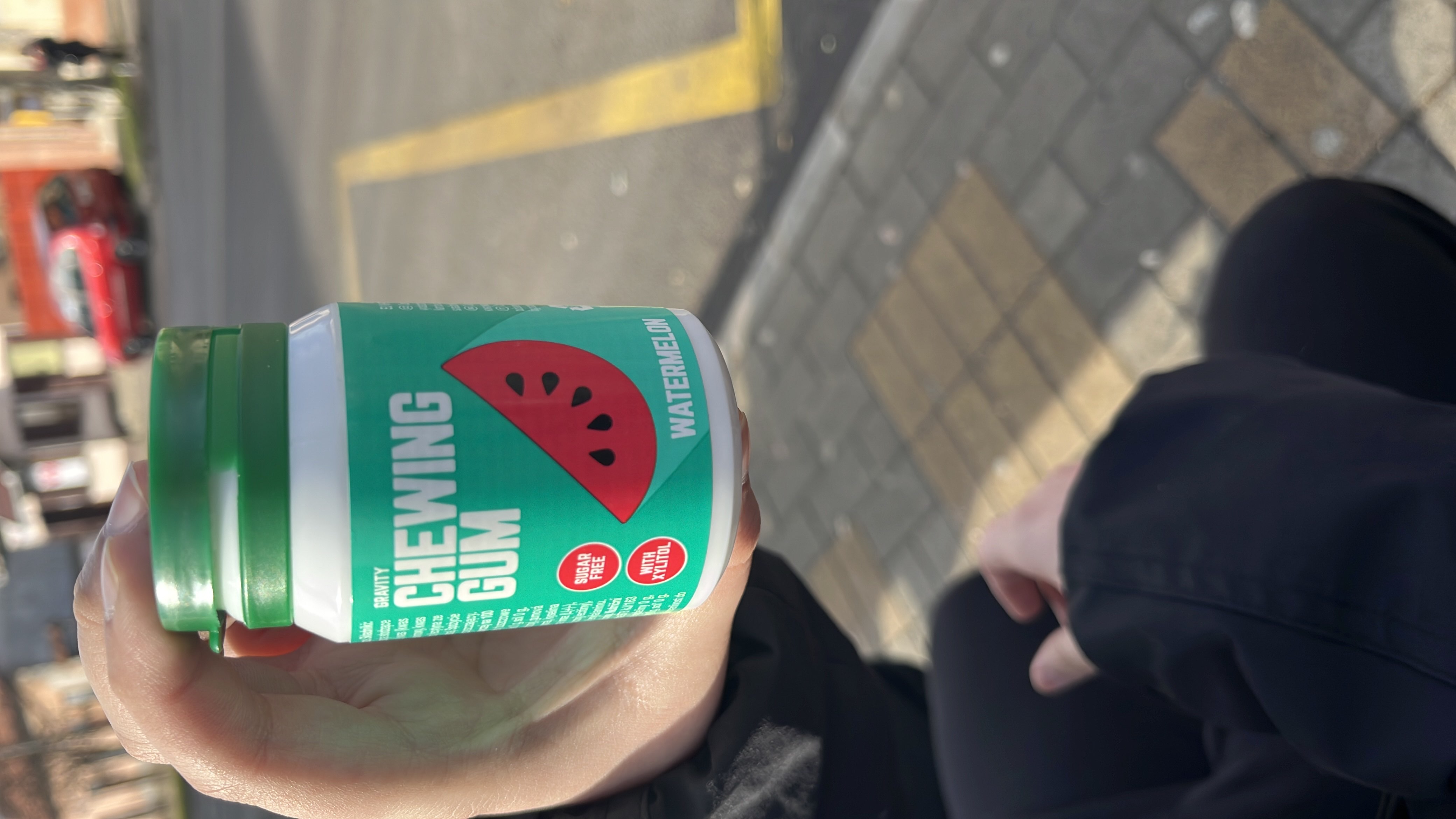 Sugar-free watermelon-flavored chewing gum with xylitol, designed for a low-calorie diet.