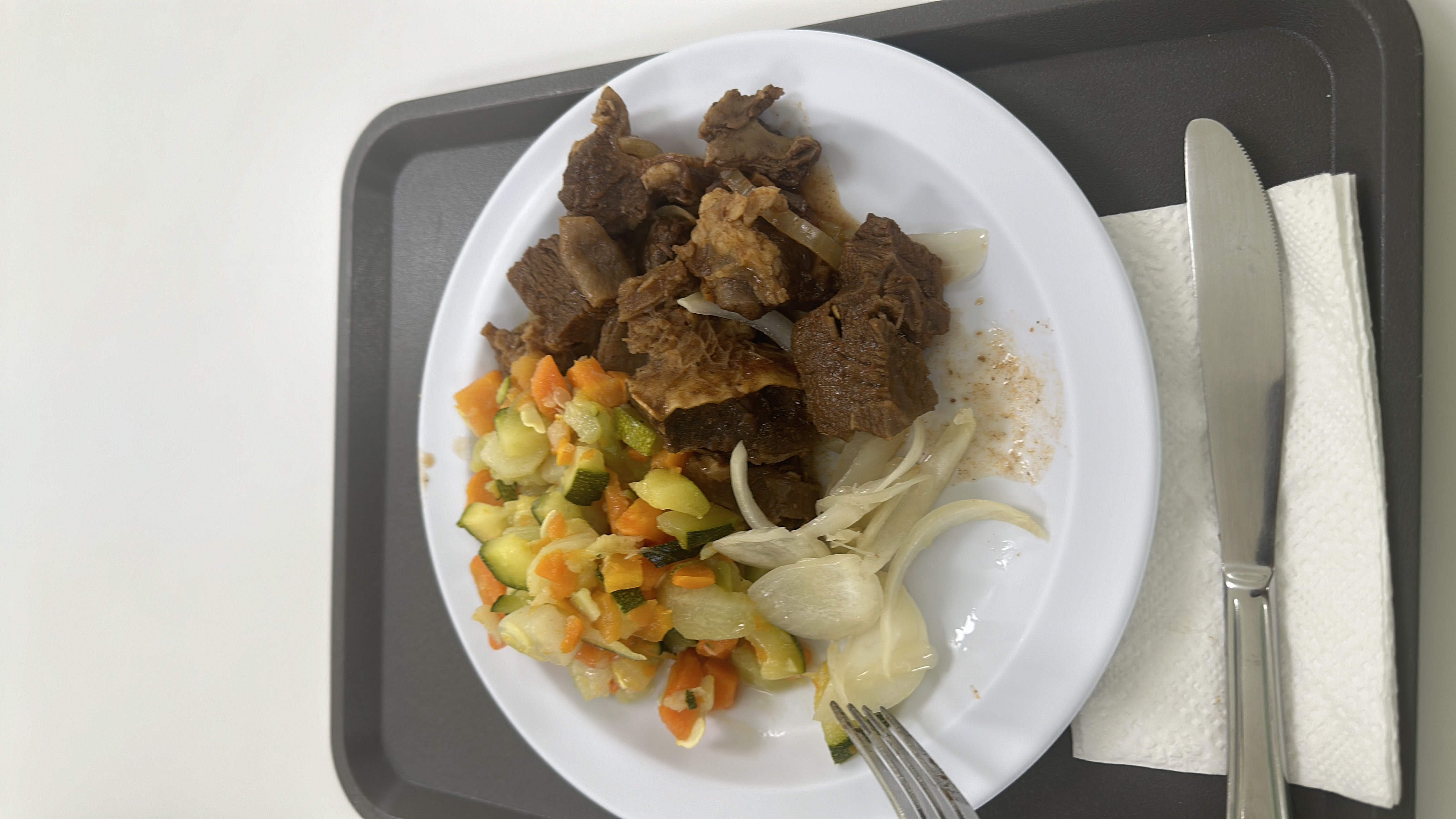 A balanced meal consisting of cooked beef, mixed vegetables, and onions, providing a good source of protein and moderate calories.