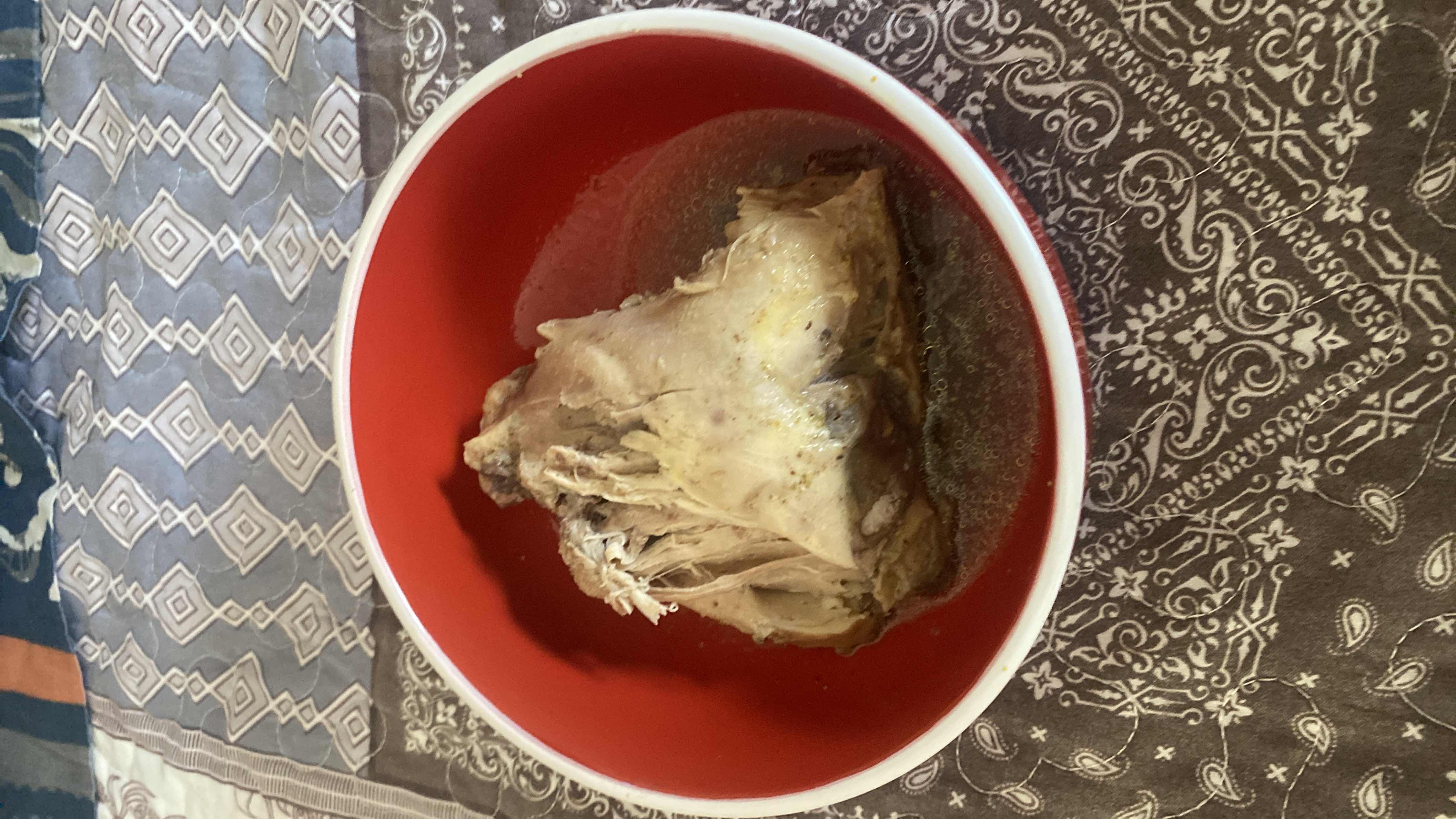 A bowl containing a piece of boiled meat, likely high in protein and moderate in fats, with no visible carbohydrates.