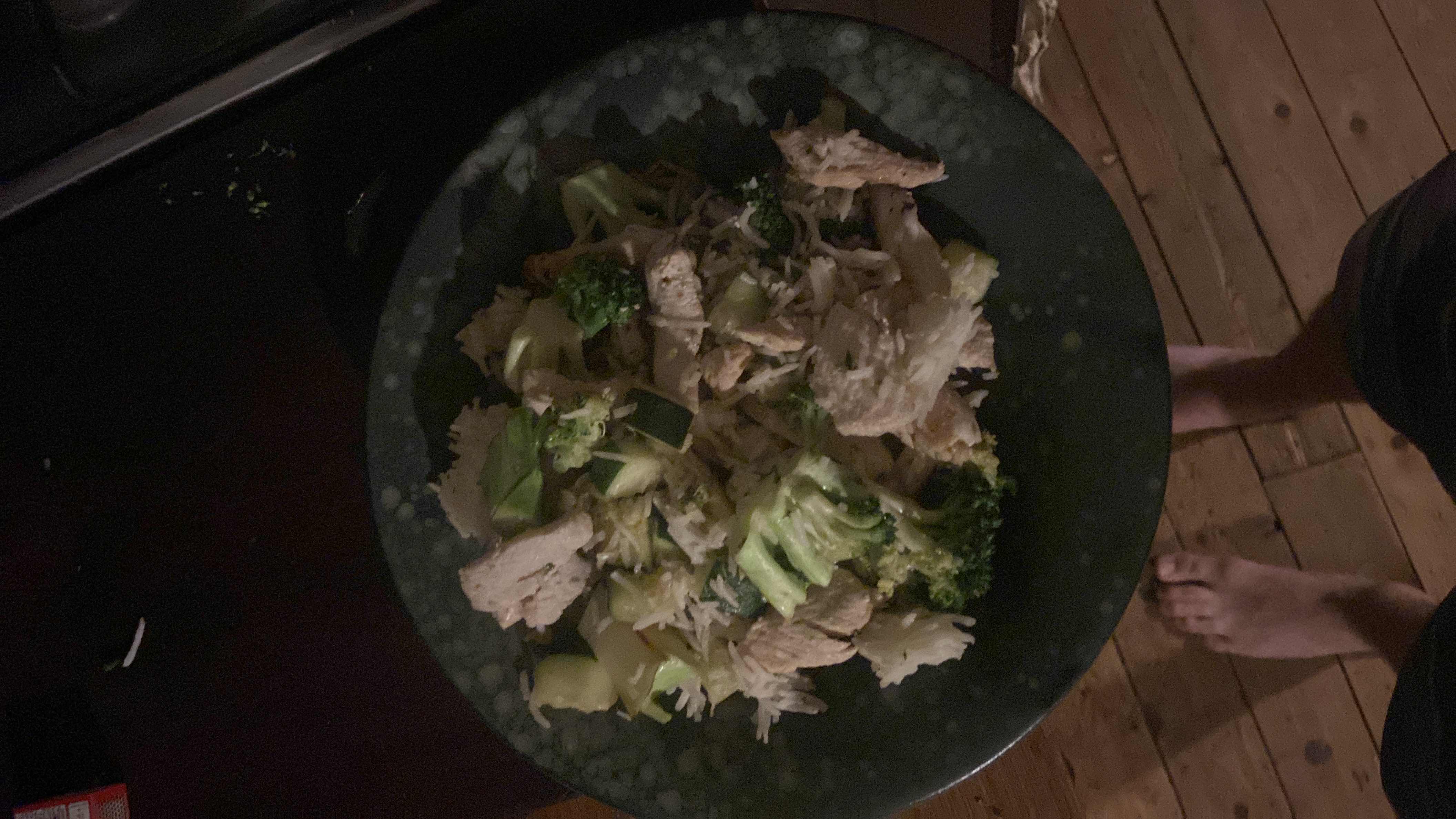 A healthy dish consisting of chicken, broccoli, and rice, providing a balanced mix of protein, carbs, and fats.