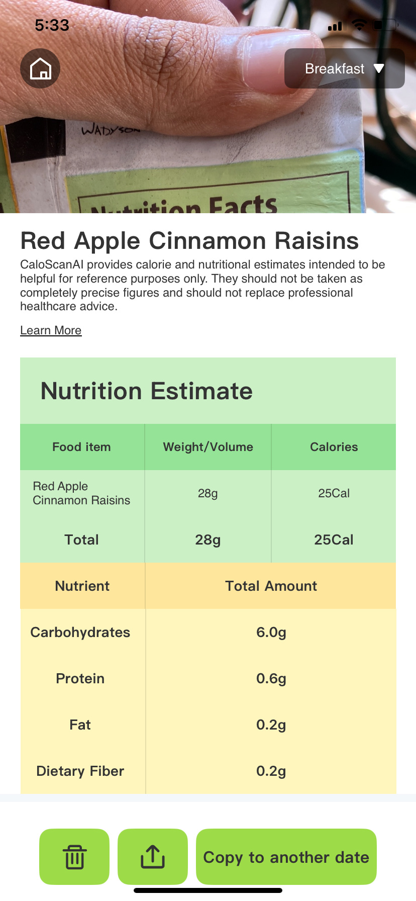 This is a nutritional estimate for Red Apple Cinnamon Raisins, containing 25 calories, 6g of carbohydrates, 0.6g of protein, and 0.2g of fat per 28g serving.