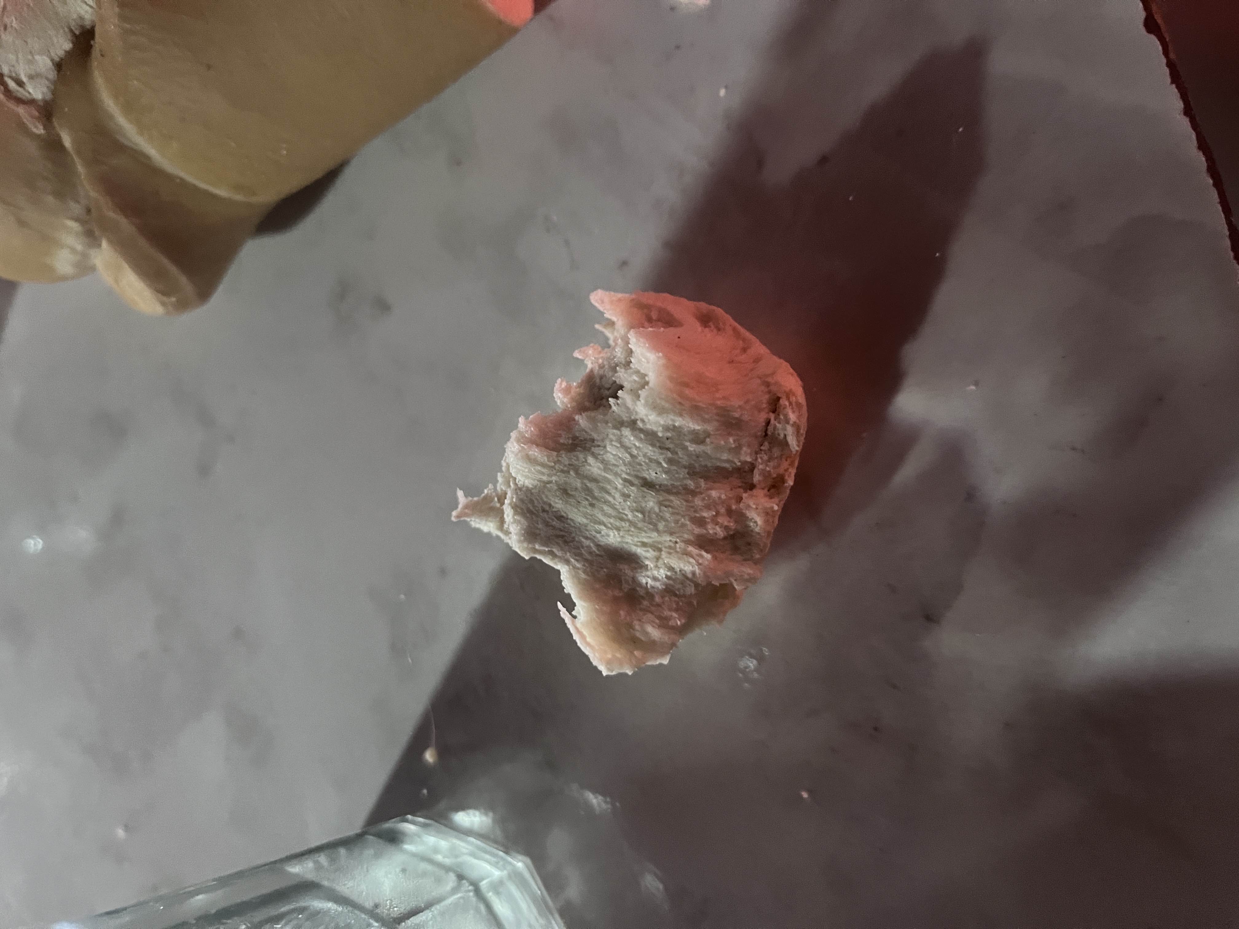 A small piece of bread, likely a simple carbohydrate source with minimal protein and fat content.