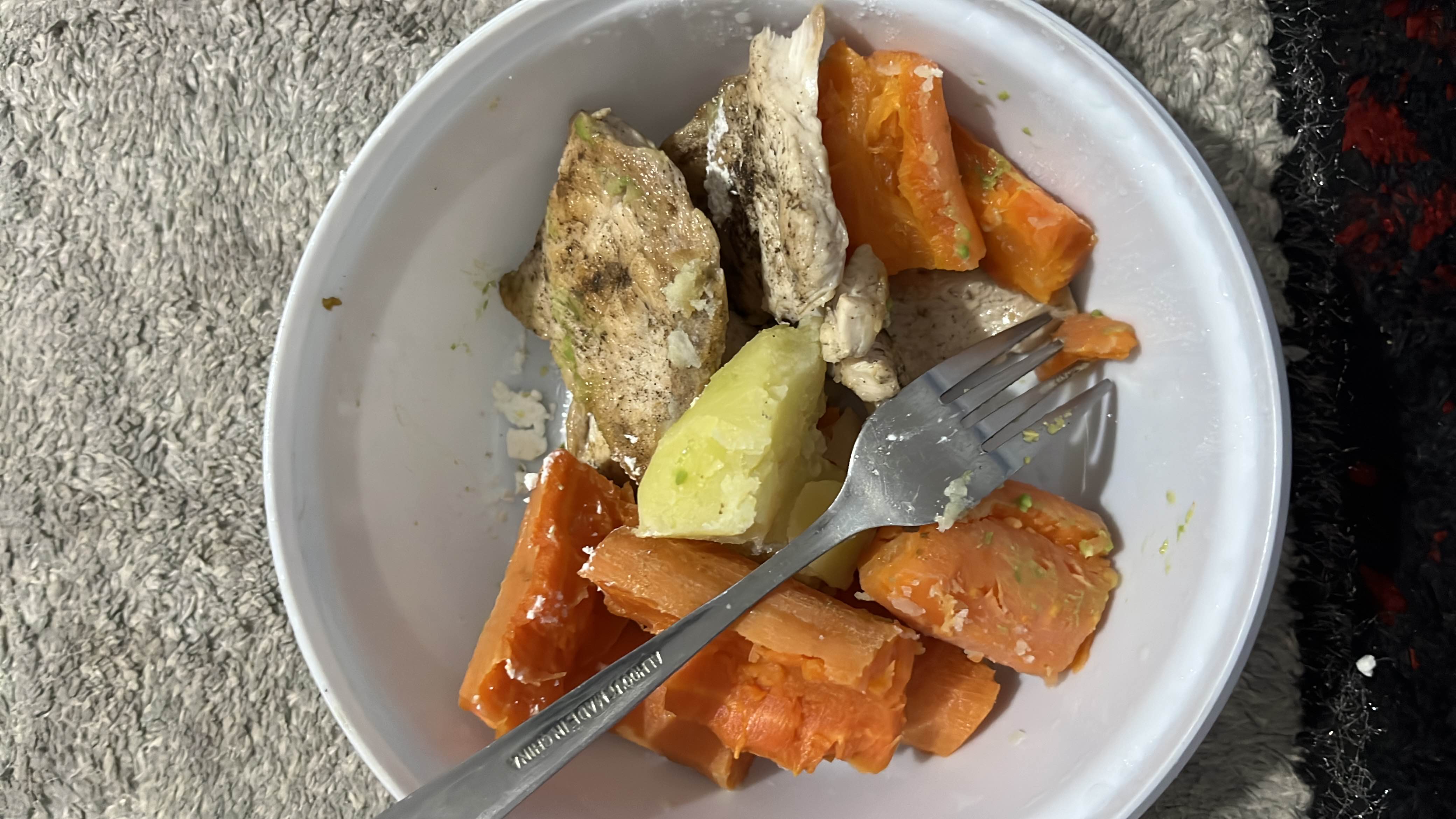 A balanced meal consisting of grilled chicken breast, sweet potato, and boiled cassava, providing a good mix of protein, carbohydrates, and minimal fats.