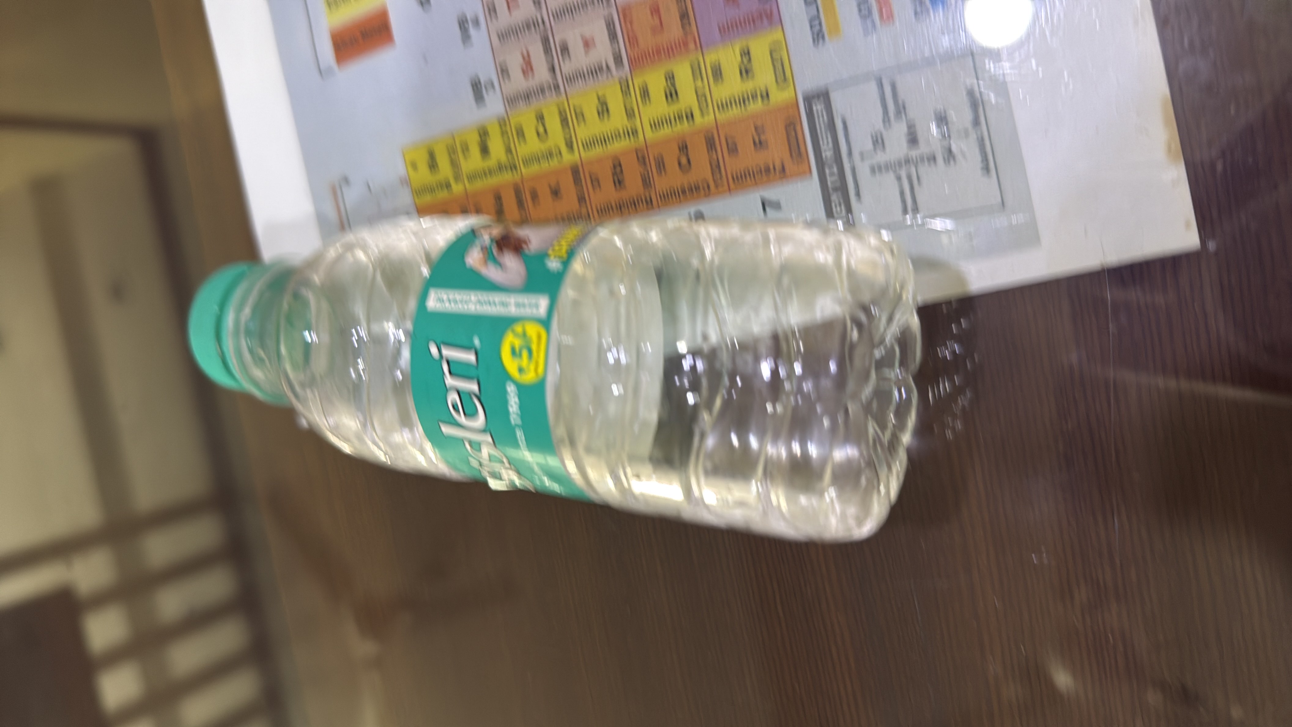 The image shows a bottle of packaged drinking water, which contains no calories, protein, carbs, or fats.