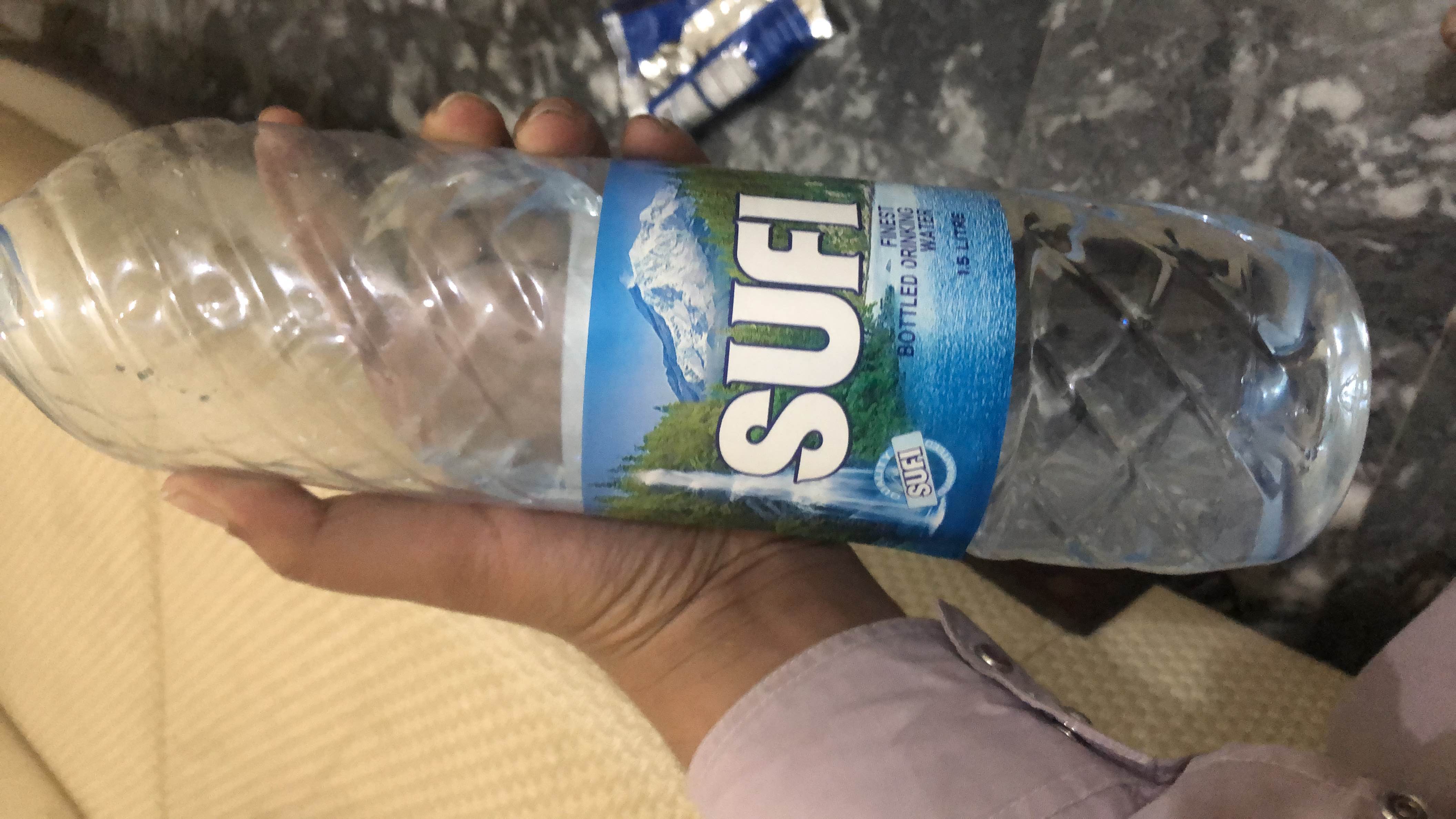 This is a bottle of Sufi finest drinking water, containing no calories, protein, carbs, or fats.