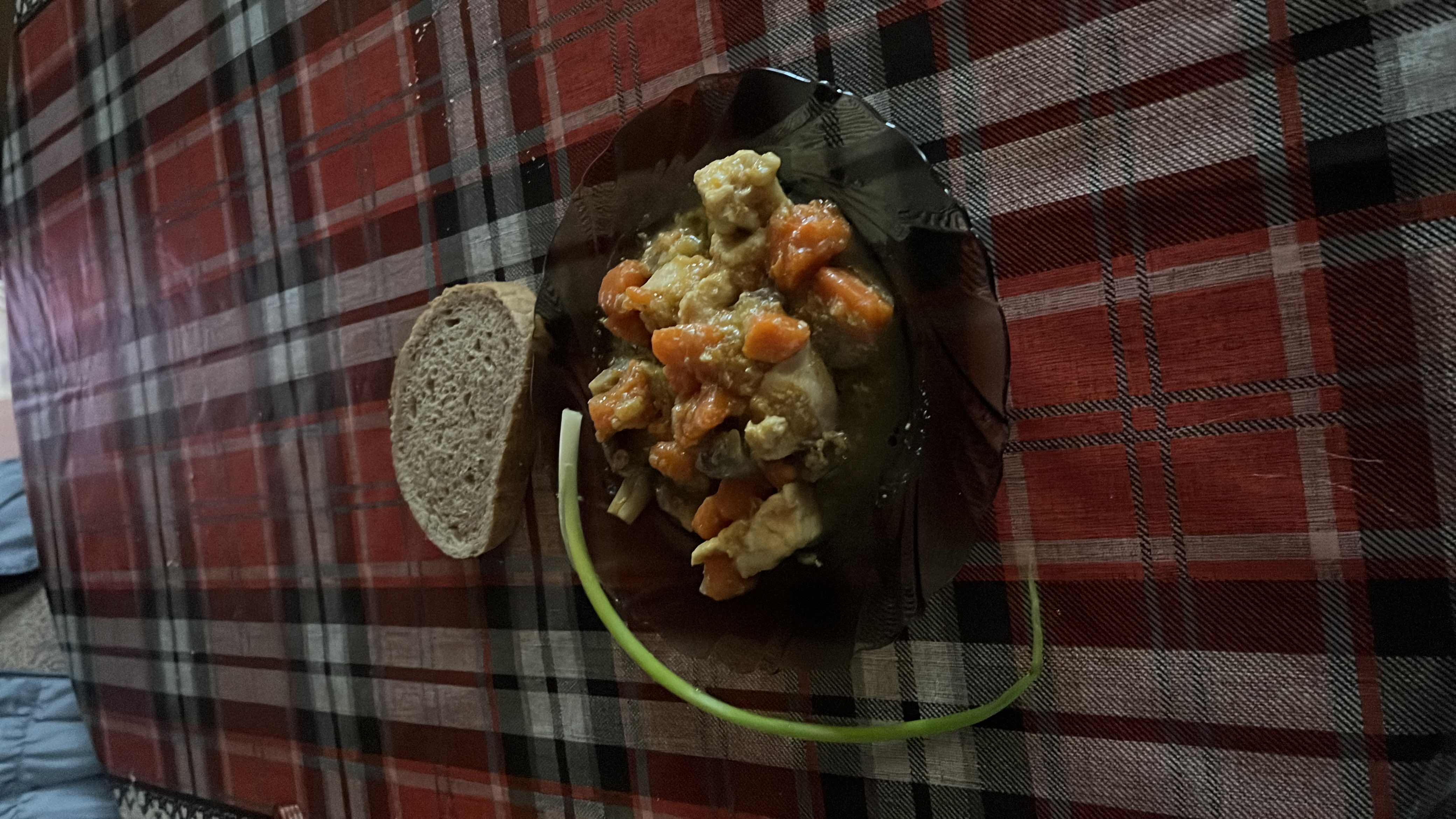 A dish consisting of cooked chicken, carrots, and a slice of bread, garnished with green onion, providing a balanced mix of protein, carbs, and fats.