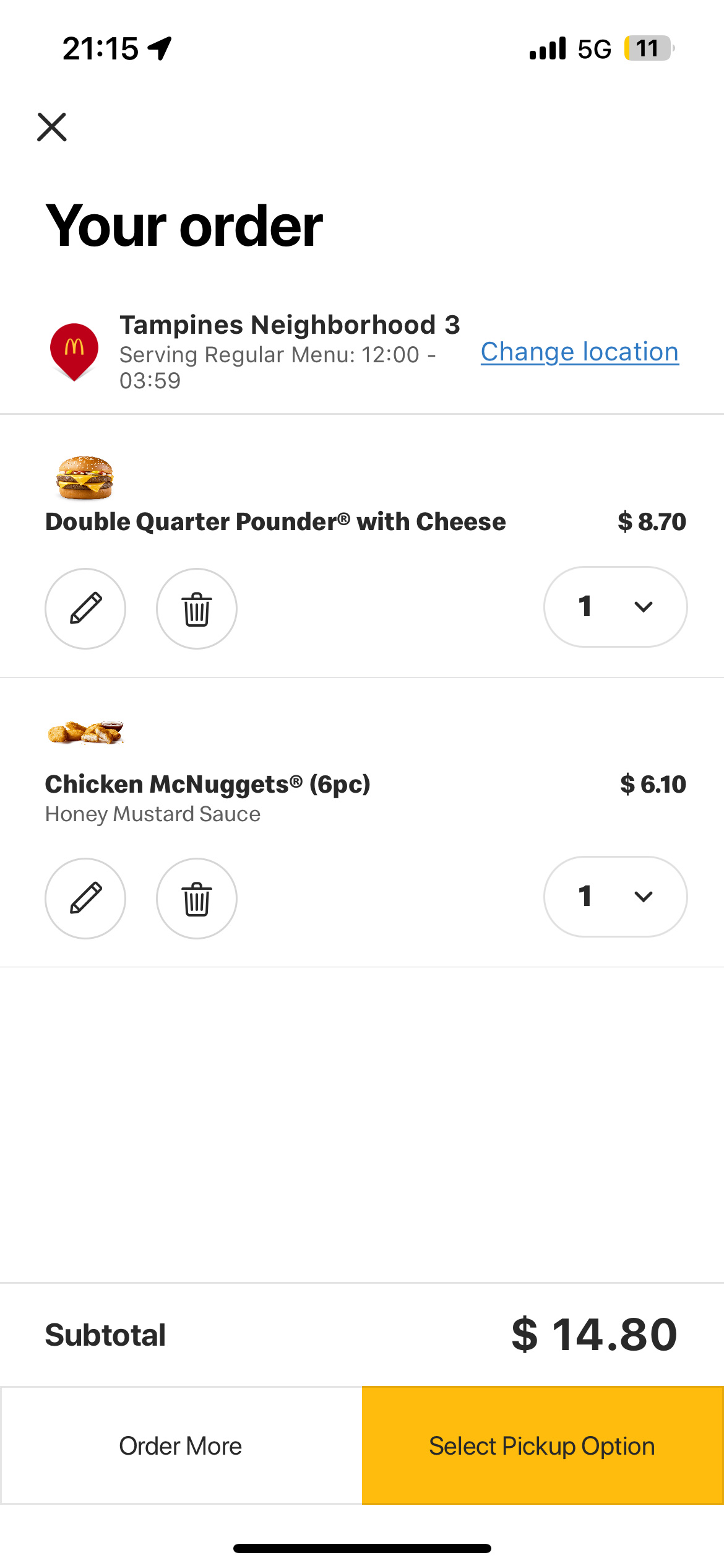 The order includes a Double Quarter Pounder with Cheese, Chicken McNuggets (6pc), and Honey Mustard Sauce, totaling approximately 1100 calories.