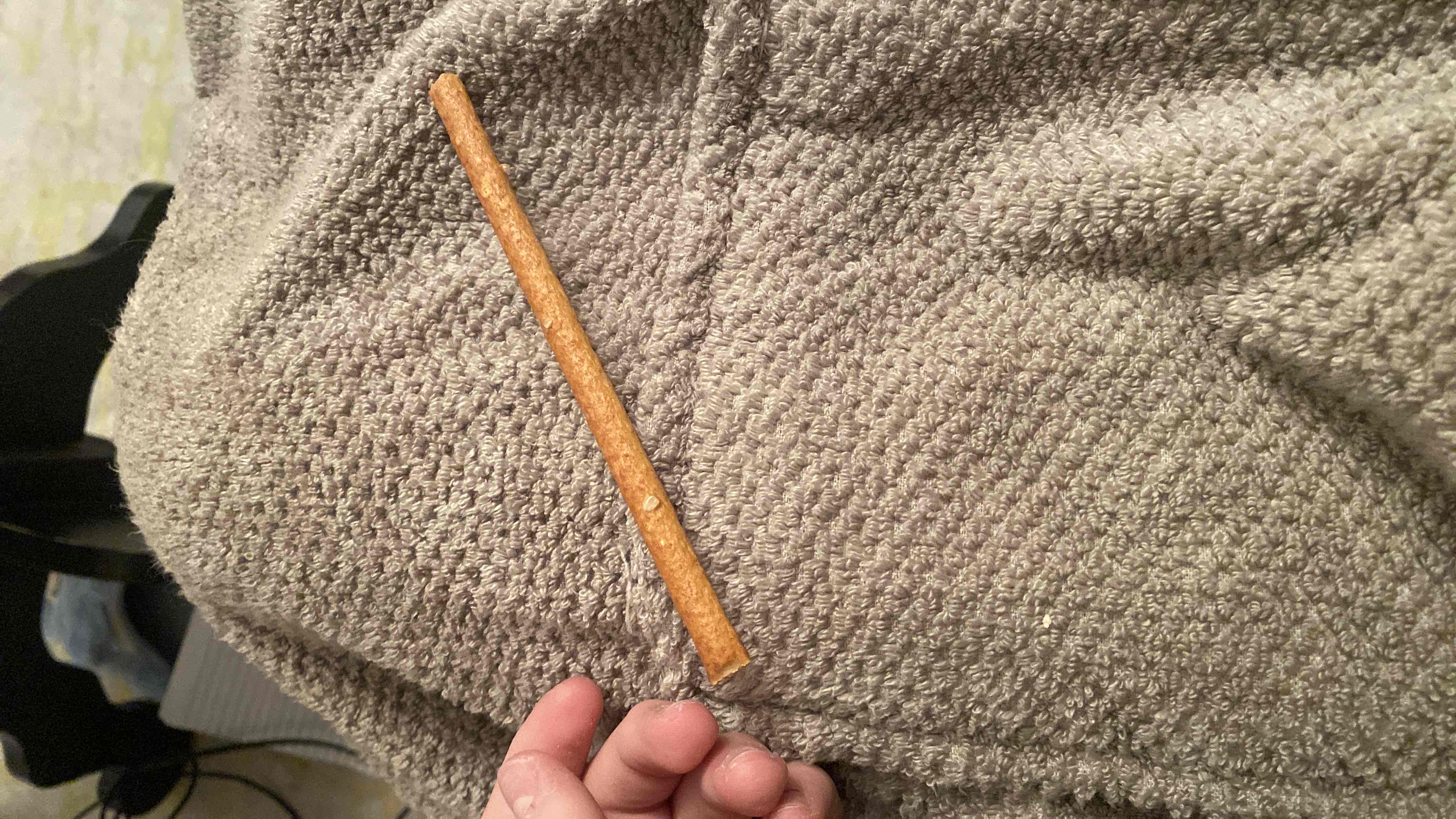 A single pretzel stick, a low-calorie snack primarily composed of carbohydrates with minimal protein and fat content.