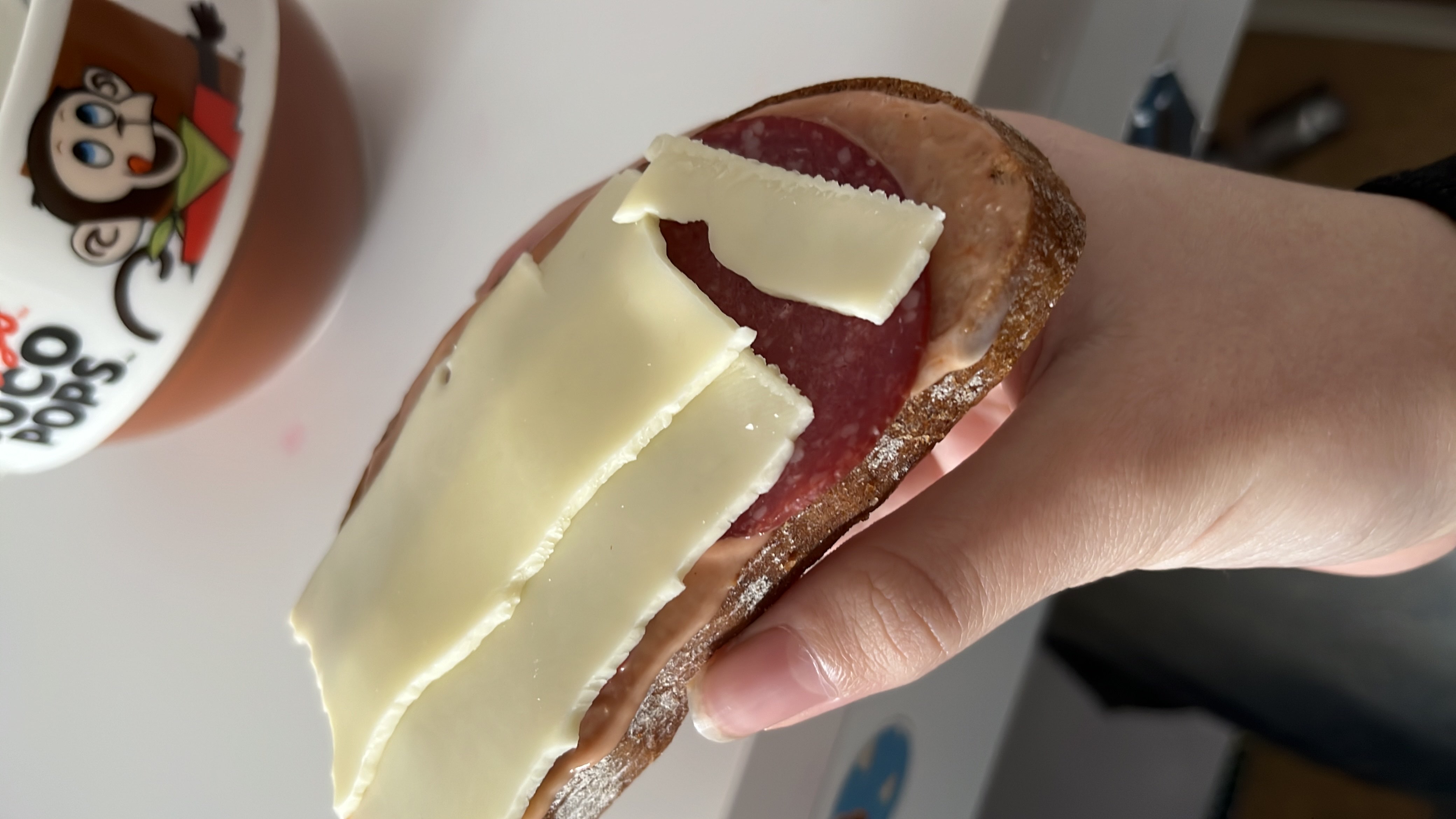 A slice of bread topped with salami, cheese, and a spread, accompanied by a bowl of cereal.