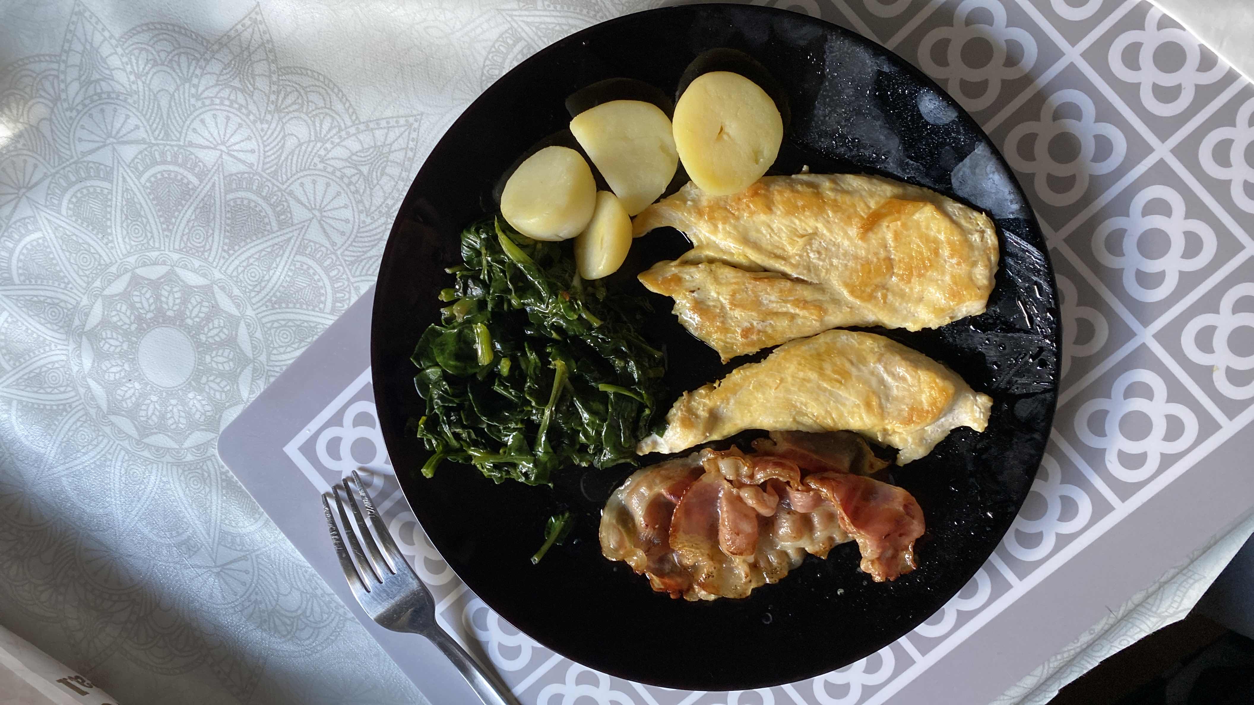 A balanced meal consisting of chicken breast, spinach, potatoes, and bacon, providing a good mix of protein, carbs, and fats.
