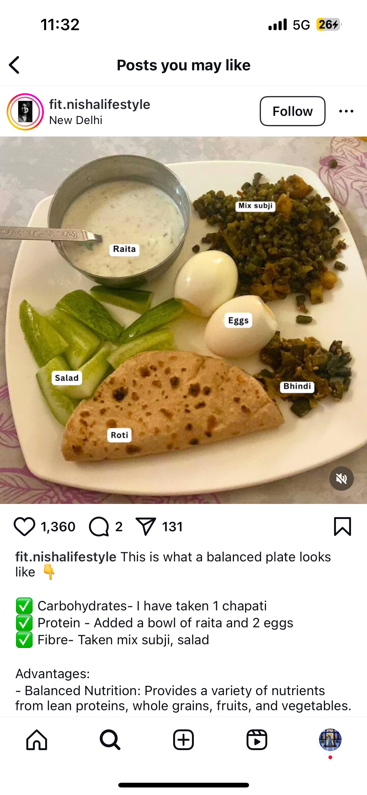 A balanced plate consisting of roti, raita, eggs, mix subji, and salad, providing a mix of carbohydrates, protein, and fiber.