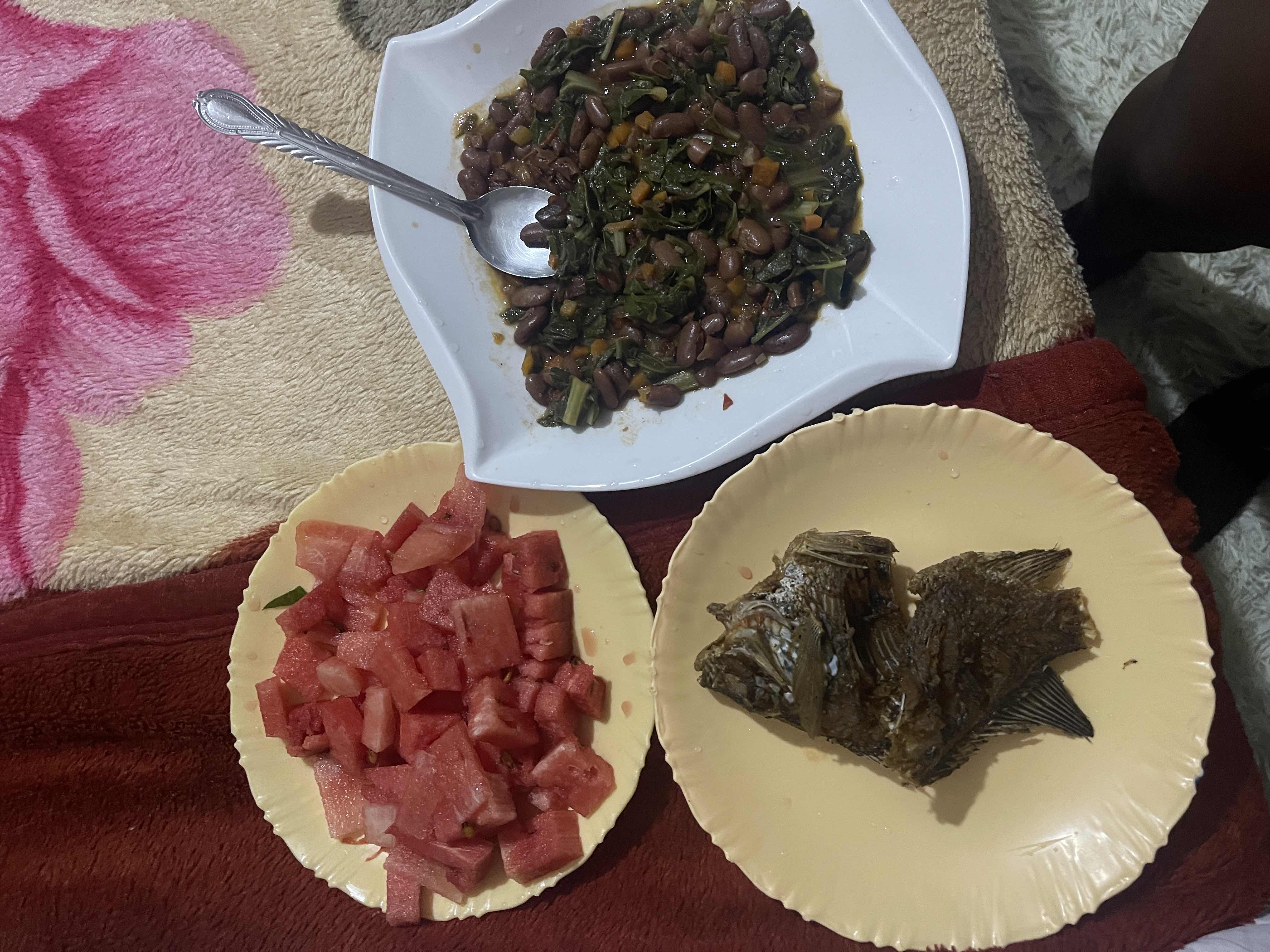 A balanced meal consisting of watermelon, cooked fish, and a mix of beans and vegetables, providing a good source of protein, carbs, and essential nutrients.