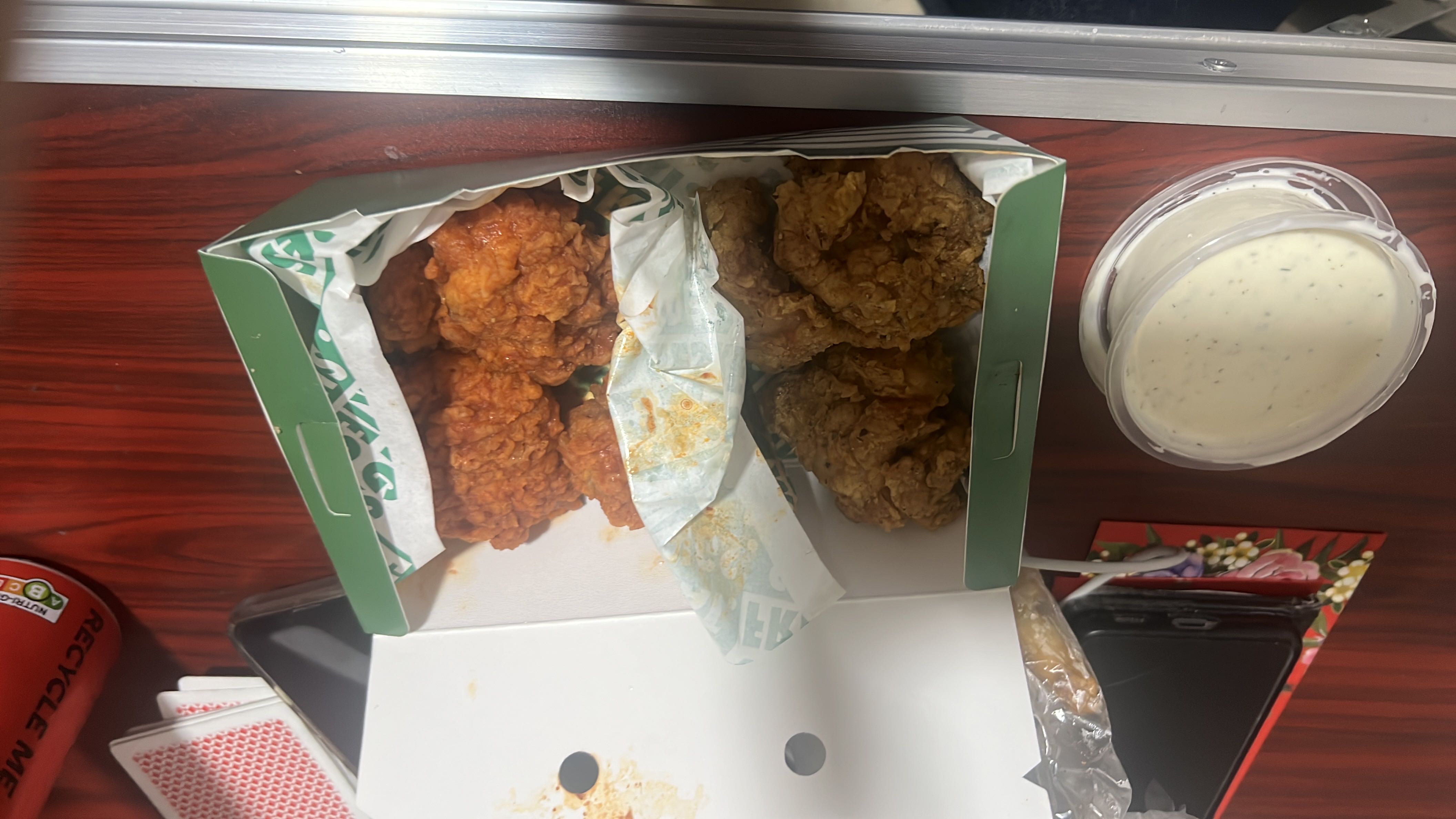 A meal consisting of fried chicken and ranch sauce, high in calories and fats.