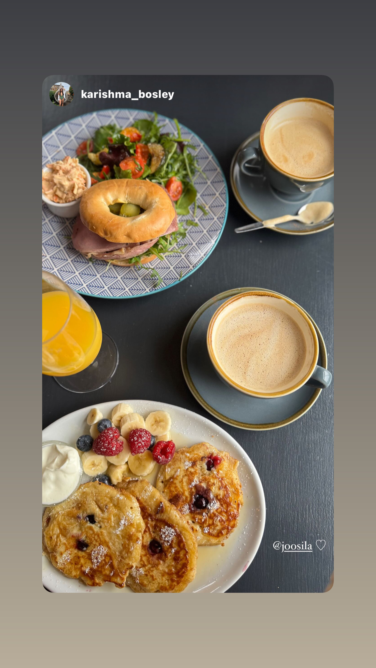A balanced meal featuring a bagel with ham and salad, pancakes with berries and cream, orange juice, and coffee.