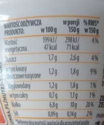 The product contains 71 calories per 150g serving, with a balanced composition of protein, carbohydrates, and fats.