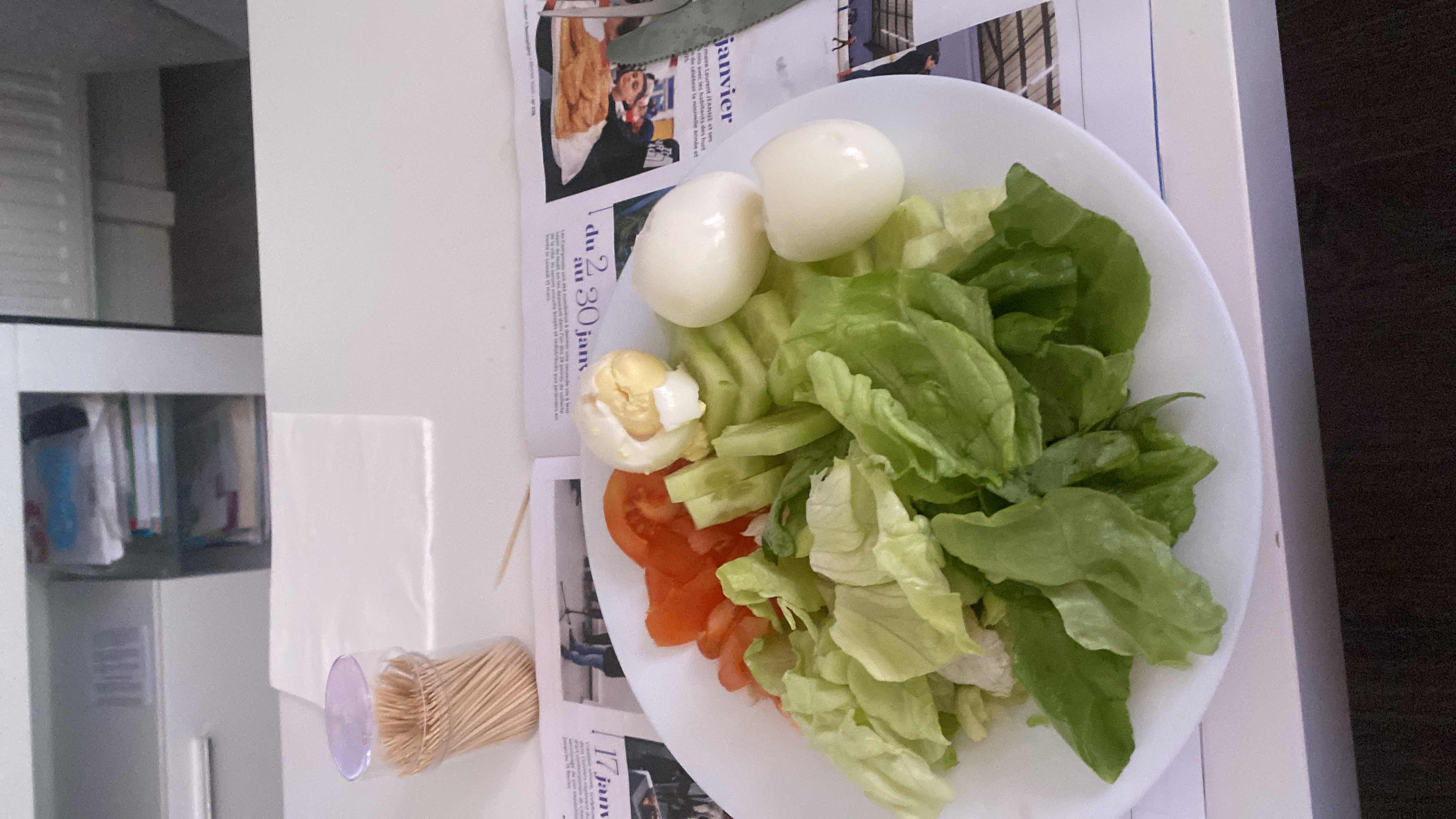 A healthy plate consisting of lettuce, tomato, cucumber, and boiled eggs, providing a balanced mix of protein, carbs, and fats.