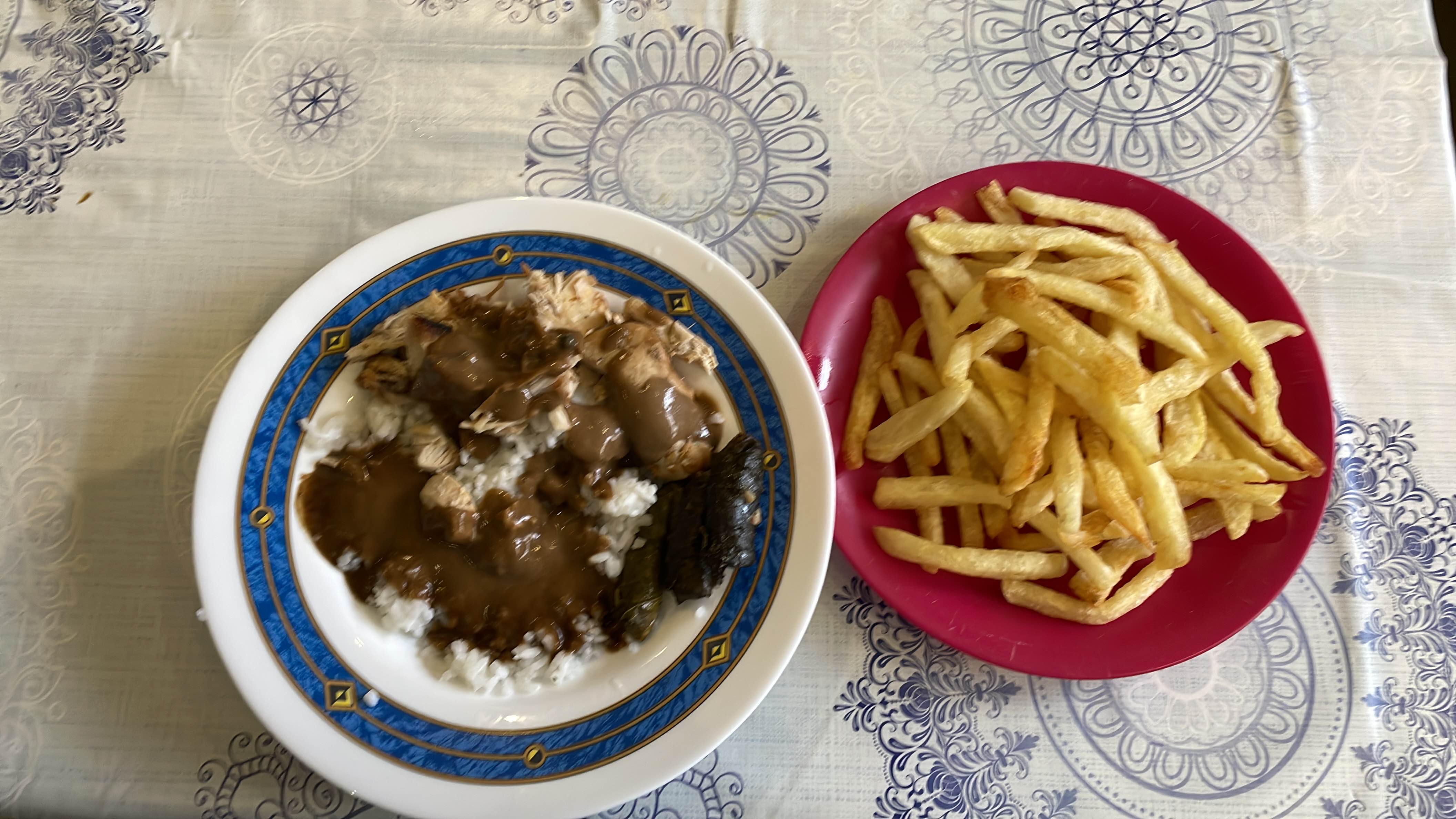 A meal consisting of rice with chicken and gravy, accompanied by a side of French fries.