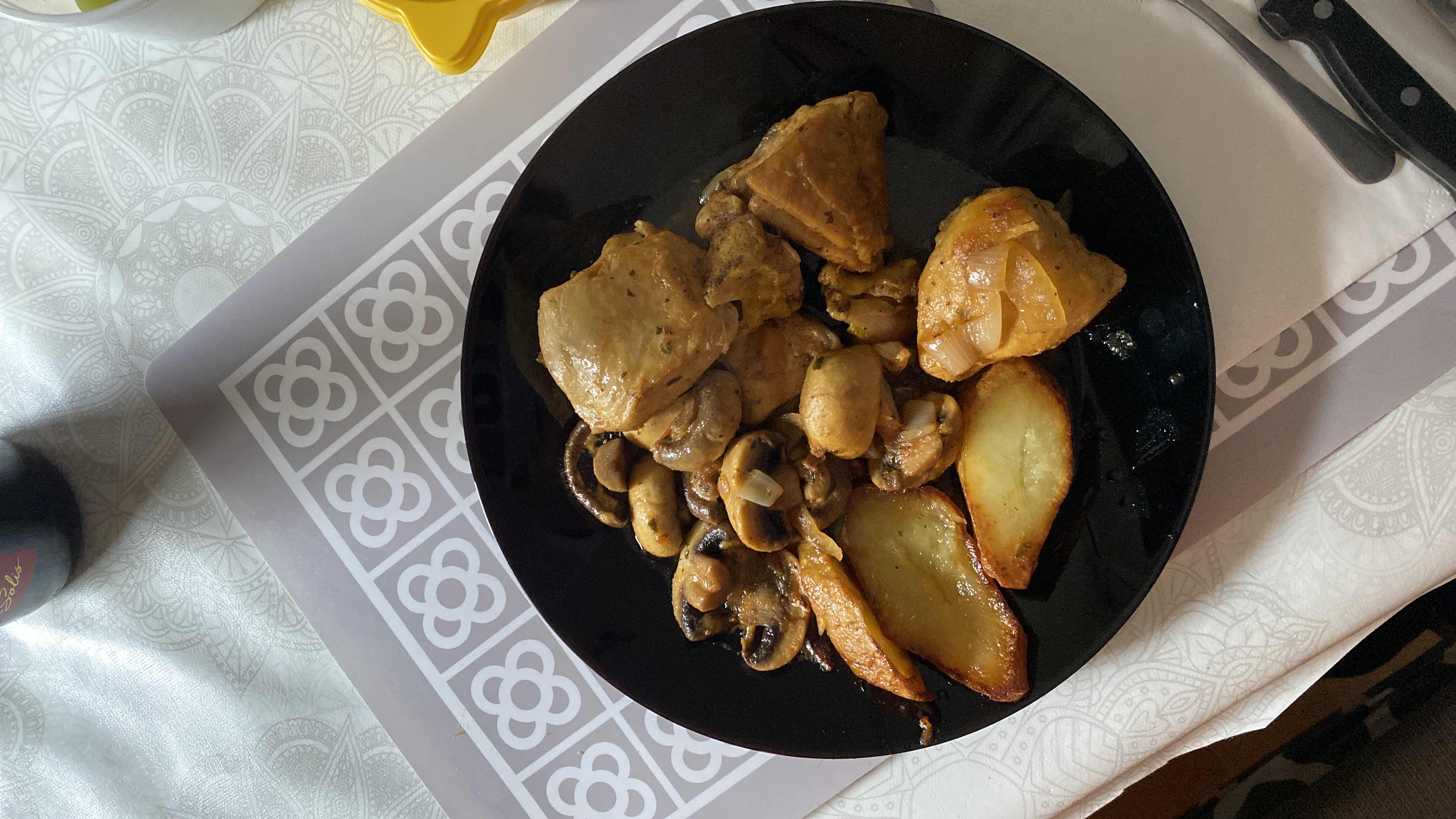 A balanced meal consisting of roasted chicken, sautéed mushrooms, fried potatoes, and onions.