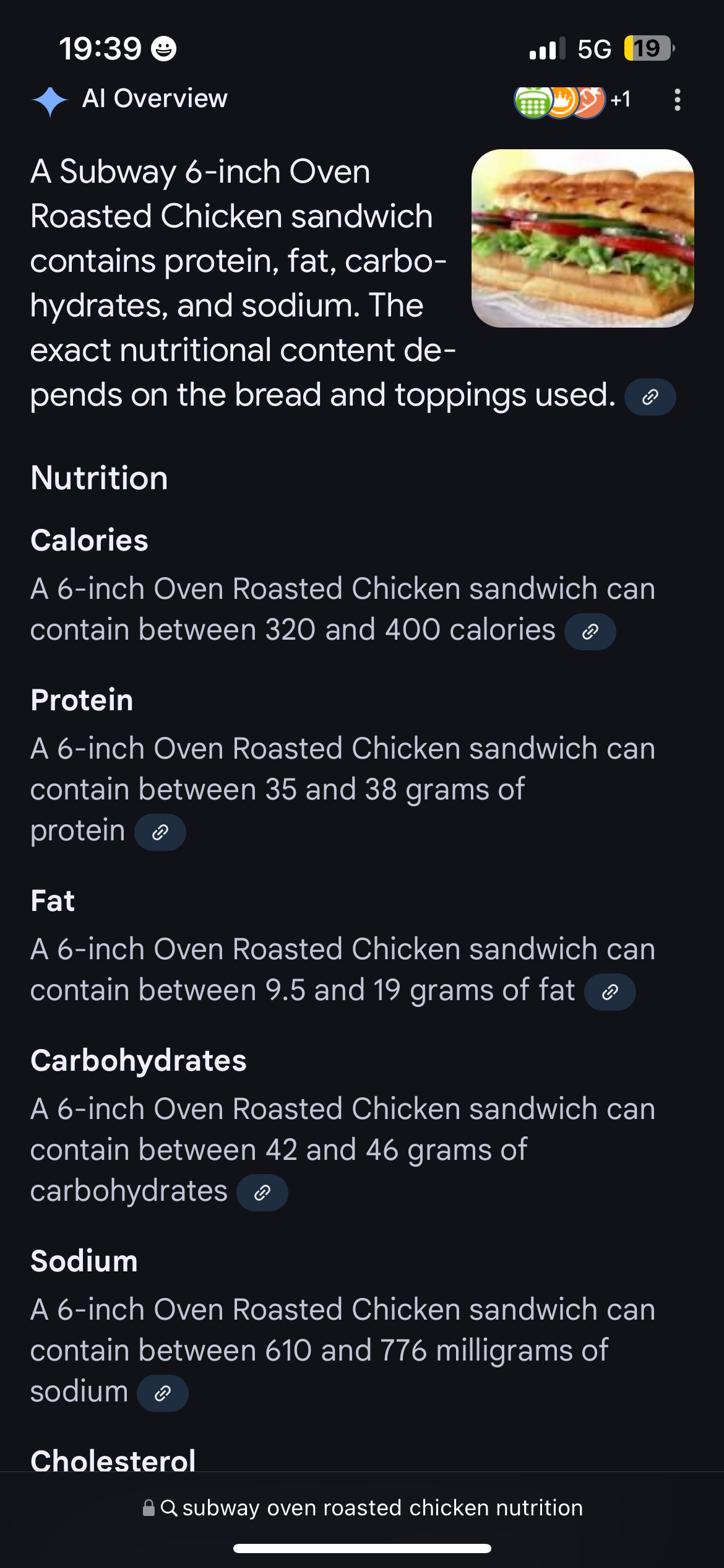 A 6-inch Subway Oven Roasted Chicken sandwich on Parmesan Oregano bread with vegetables, cheese, ranch and chipotle southwest sauces, onions, olives, and lettuce, offering increased protein, carbs, fats, and calories with a good health score.