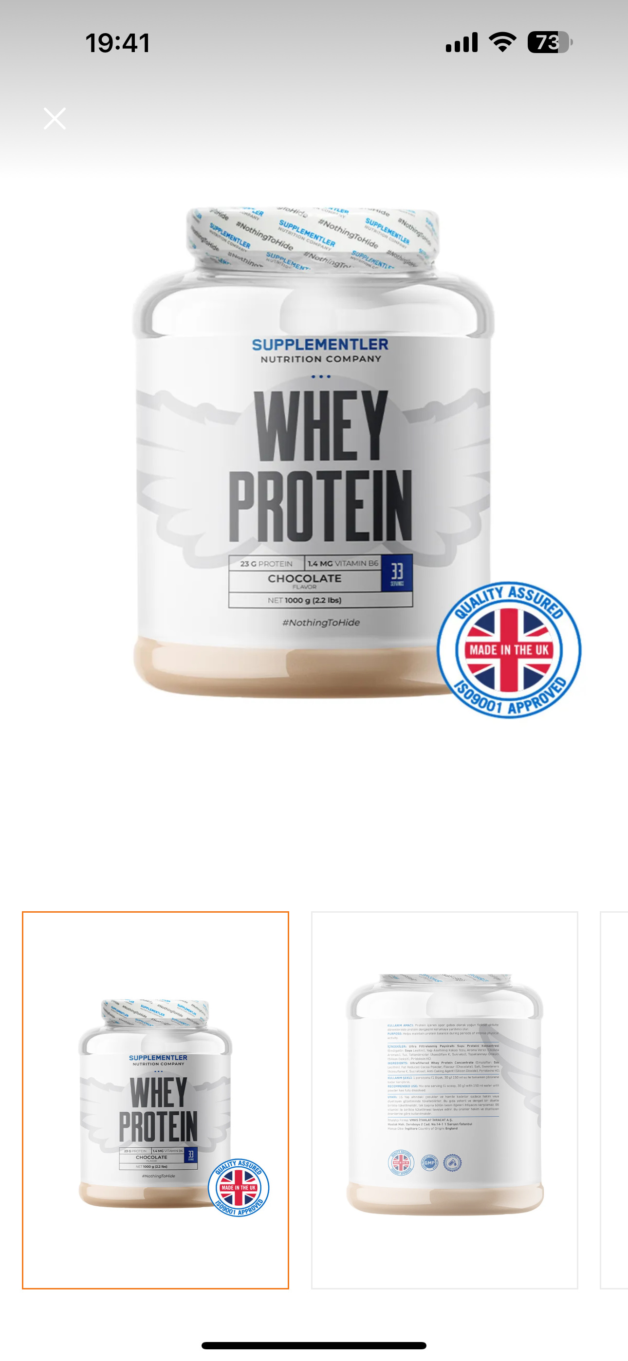 A chocolate-flavored whey protein supplement with 23g of protein, 1g of fat, and 2g of carbs per serving. It is ISO9001 approved and made in the UK.