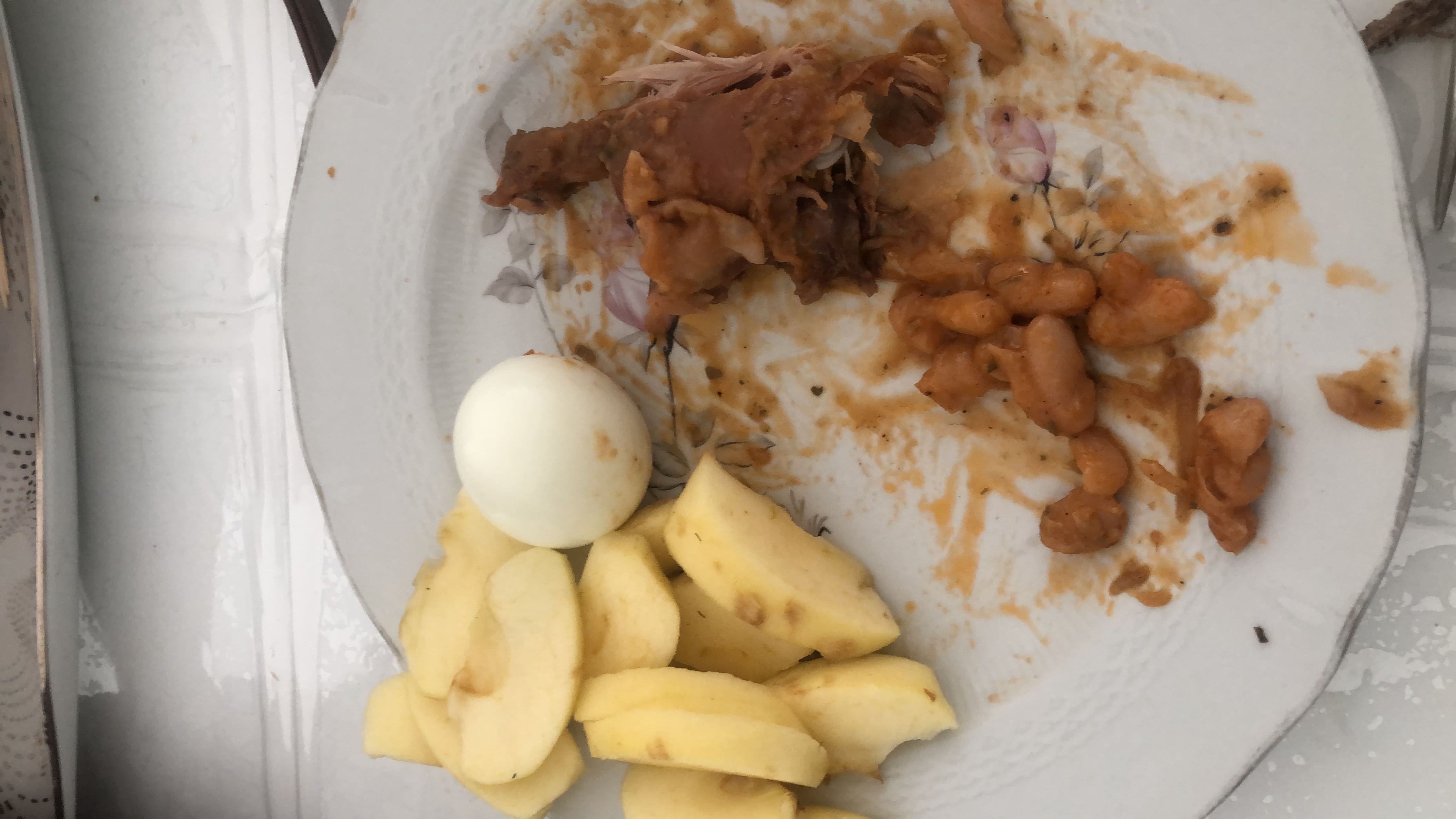 A plate containing apple slices, a boiled egg, beans, and a portion of meat, providing a balanced mix of protein, carbs, and fats.