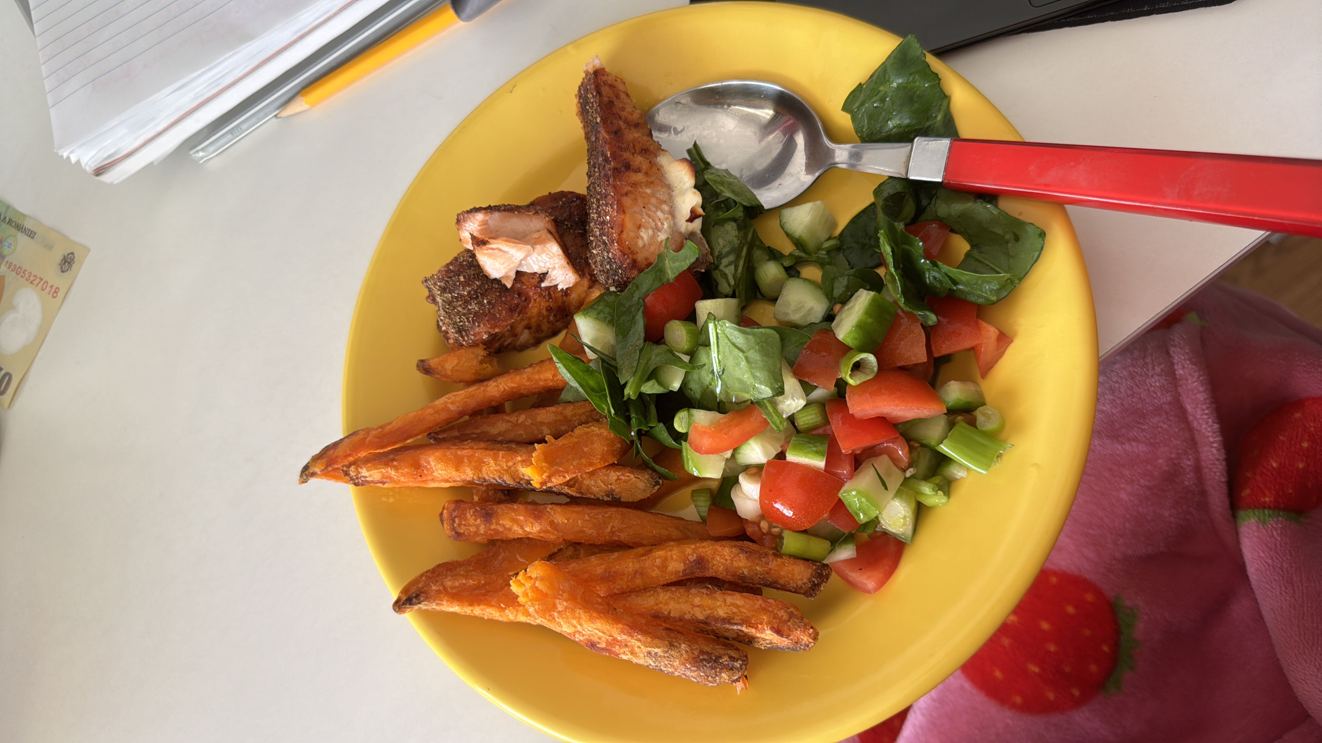A balanced meal consisting of sweet potato fries, grilled salmon, and a fresh mixed salad.
