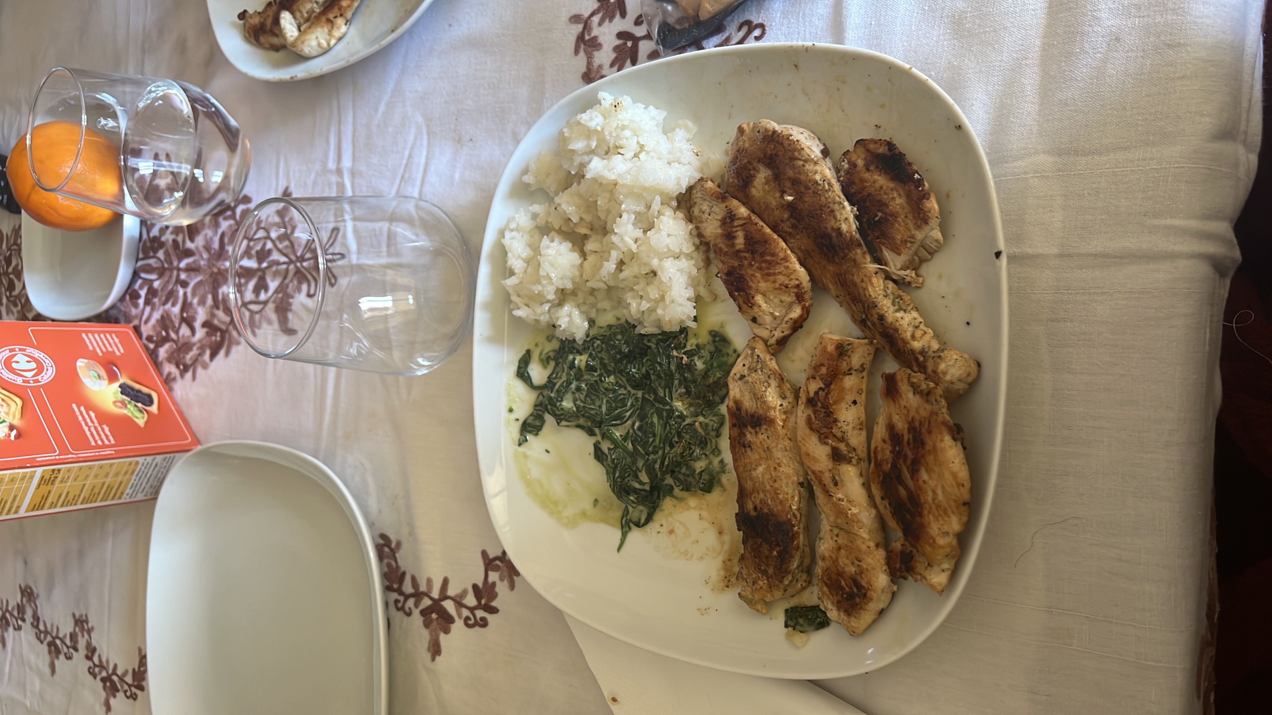 A balanced meal consisting of grilled chicken, steamed rice, and sautéed spinach, providing a good mix of protein, carbohydrates, and greens.
