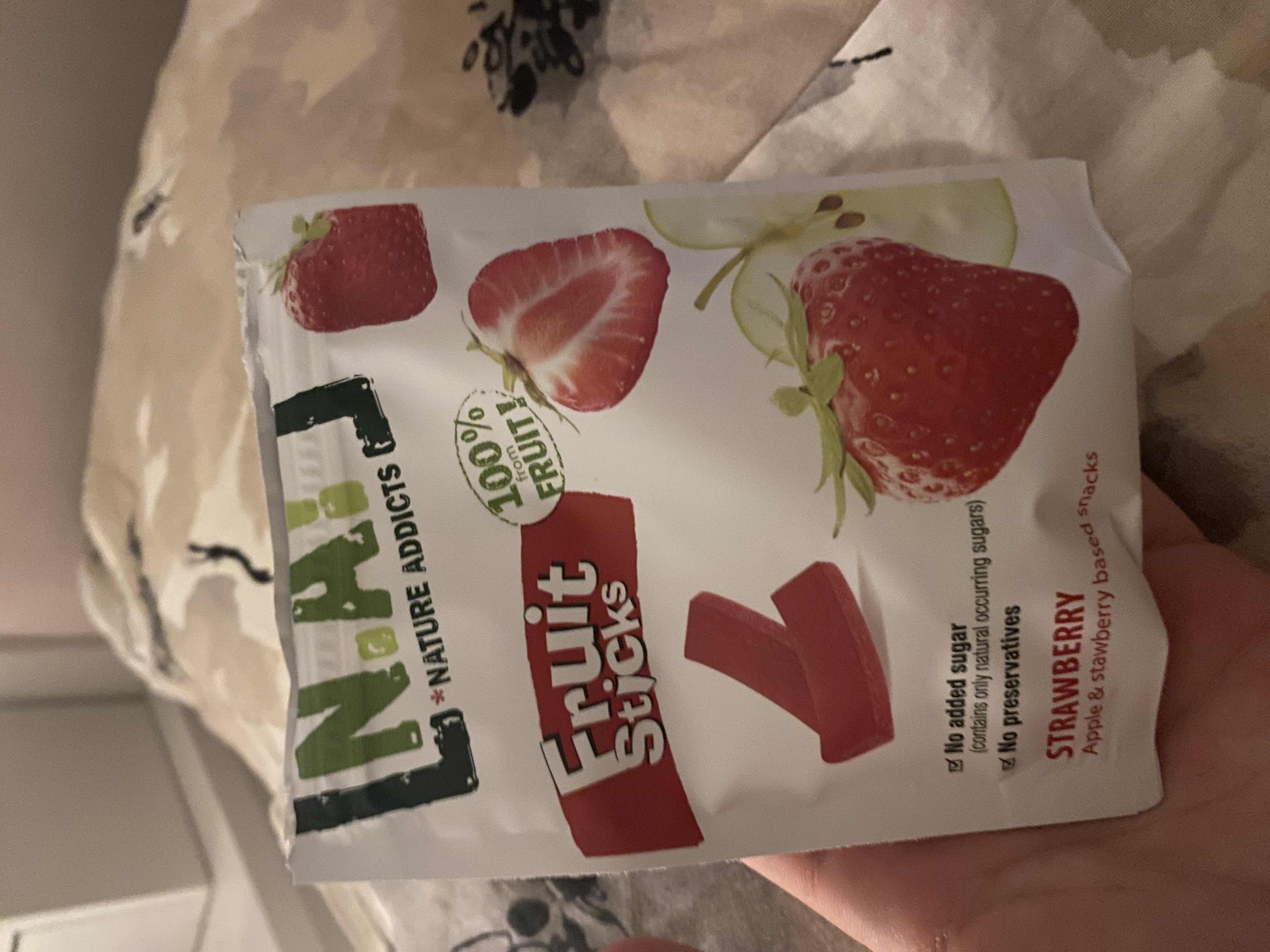 Strawberry and apple-based fruit snacks with no added sugar or preservatives, made from 100% fruit.