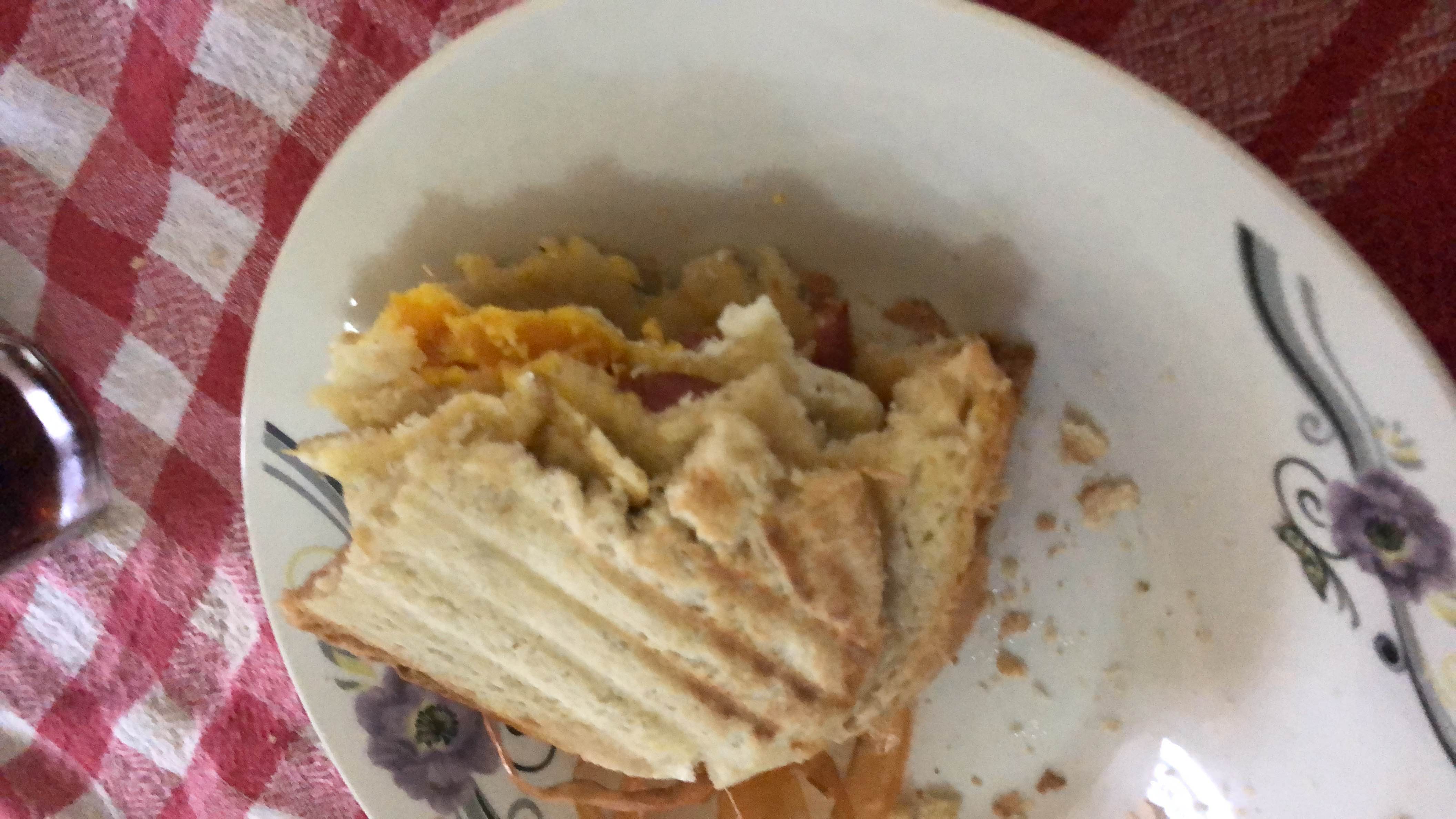 A grilled sandwich containing bread, cheese, and ham, served on a plate.