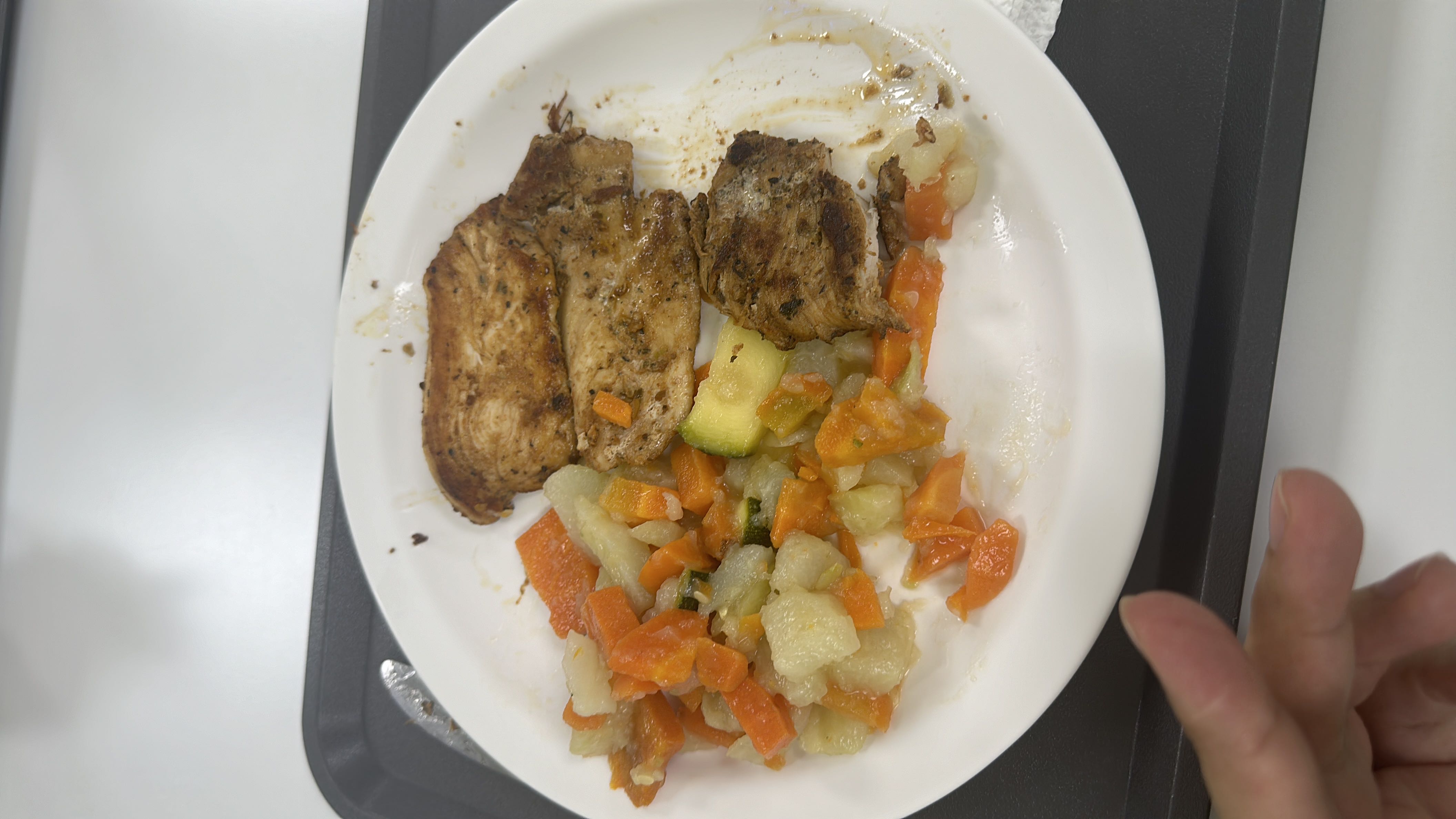 A plate of grilled chicken served with steamed vegetables, providing a balanced and nutritious meal.