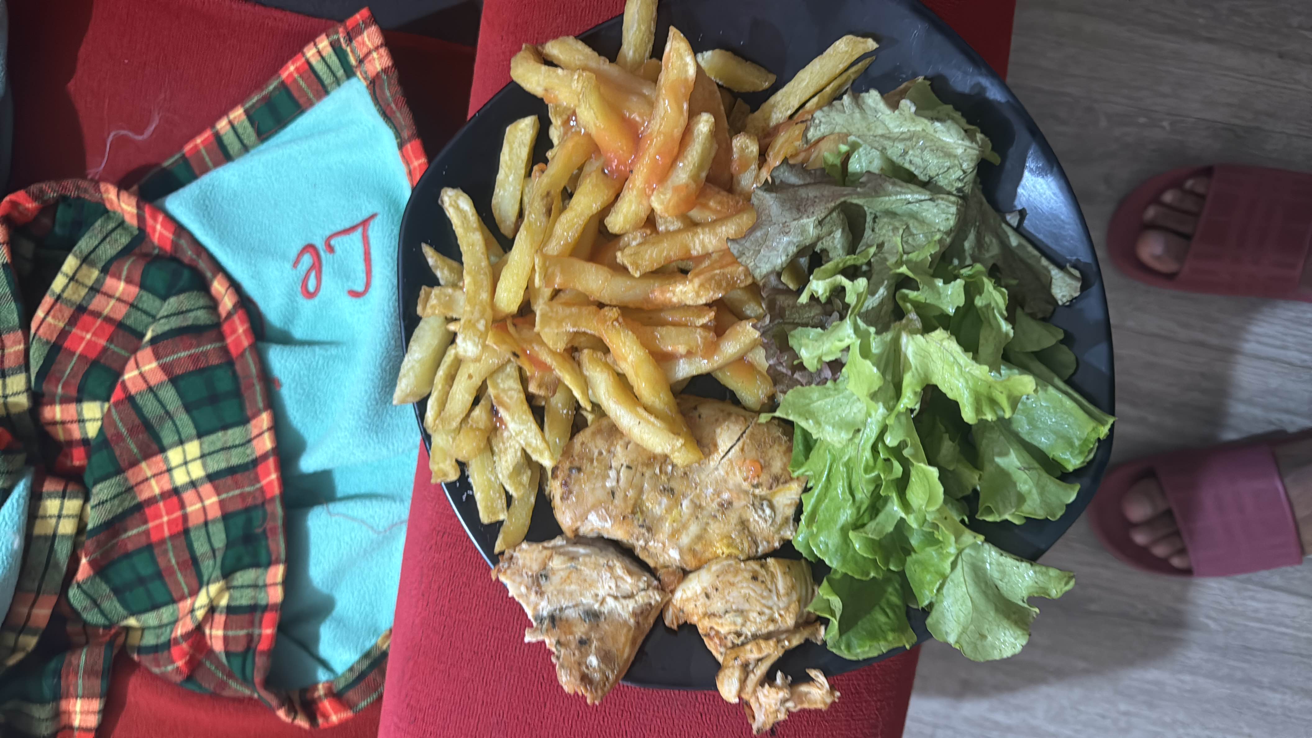 A balanced meal consisting of grilled chicken, French fries, and fresh lettuce, providing a mix of protein, carbs, and fats.