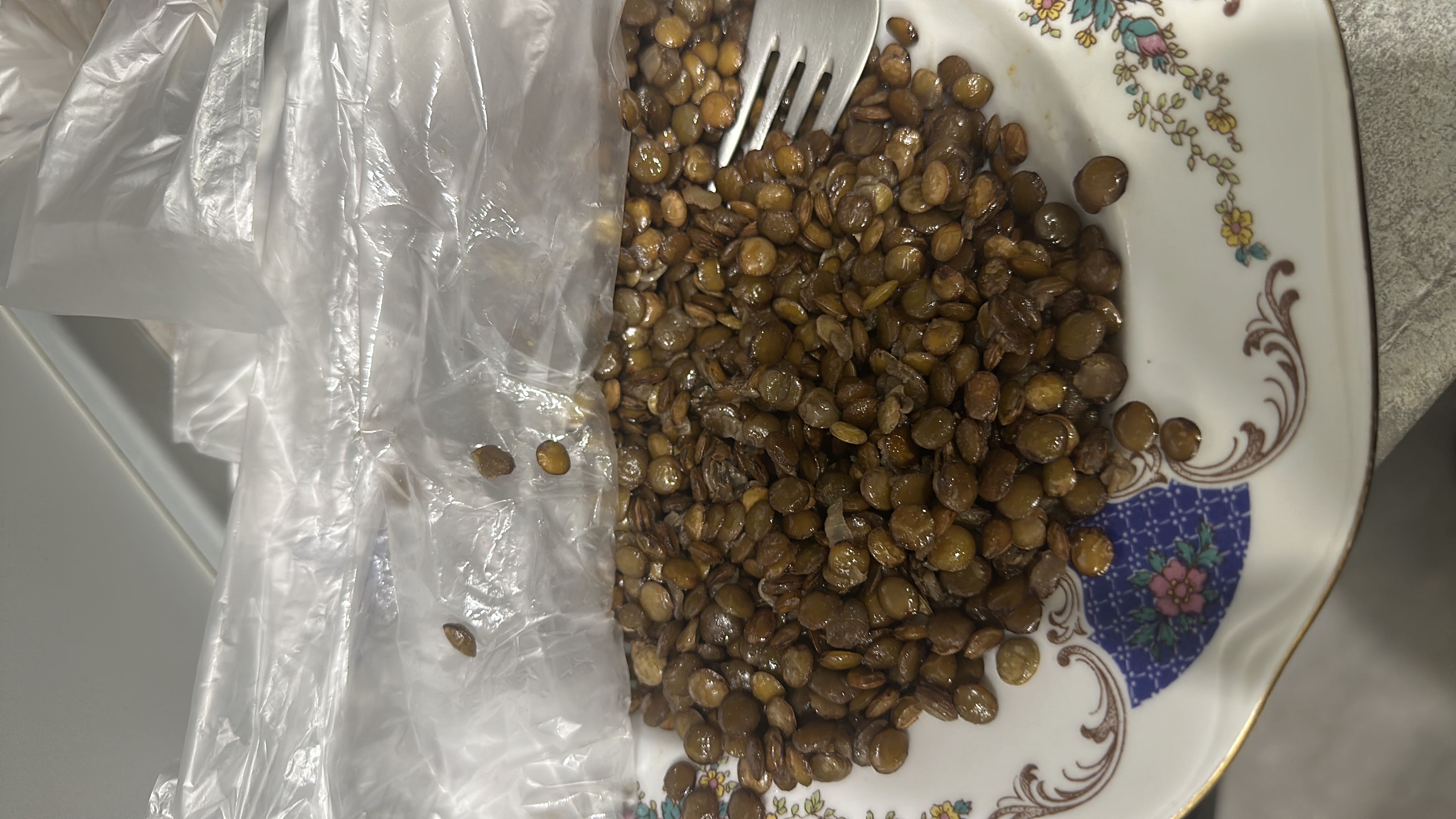 The image shows cooked lentils, a nutritious legume high in protein and carbohydrates, with minimal fat content.