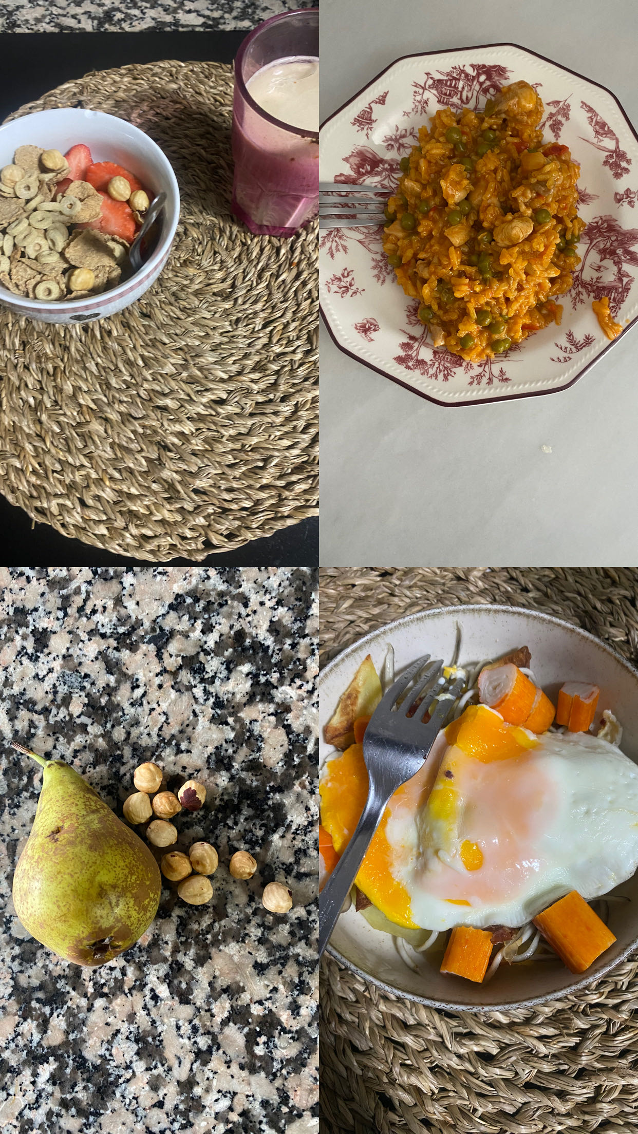 The image shows a variety of meals including cereal with strawberries and hazelnuts, chicken and rice with peas, a pear with hazelnuts, and an egg with sweet potato and vegetables, providing a balanced nutritional profile.
