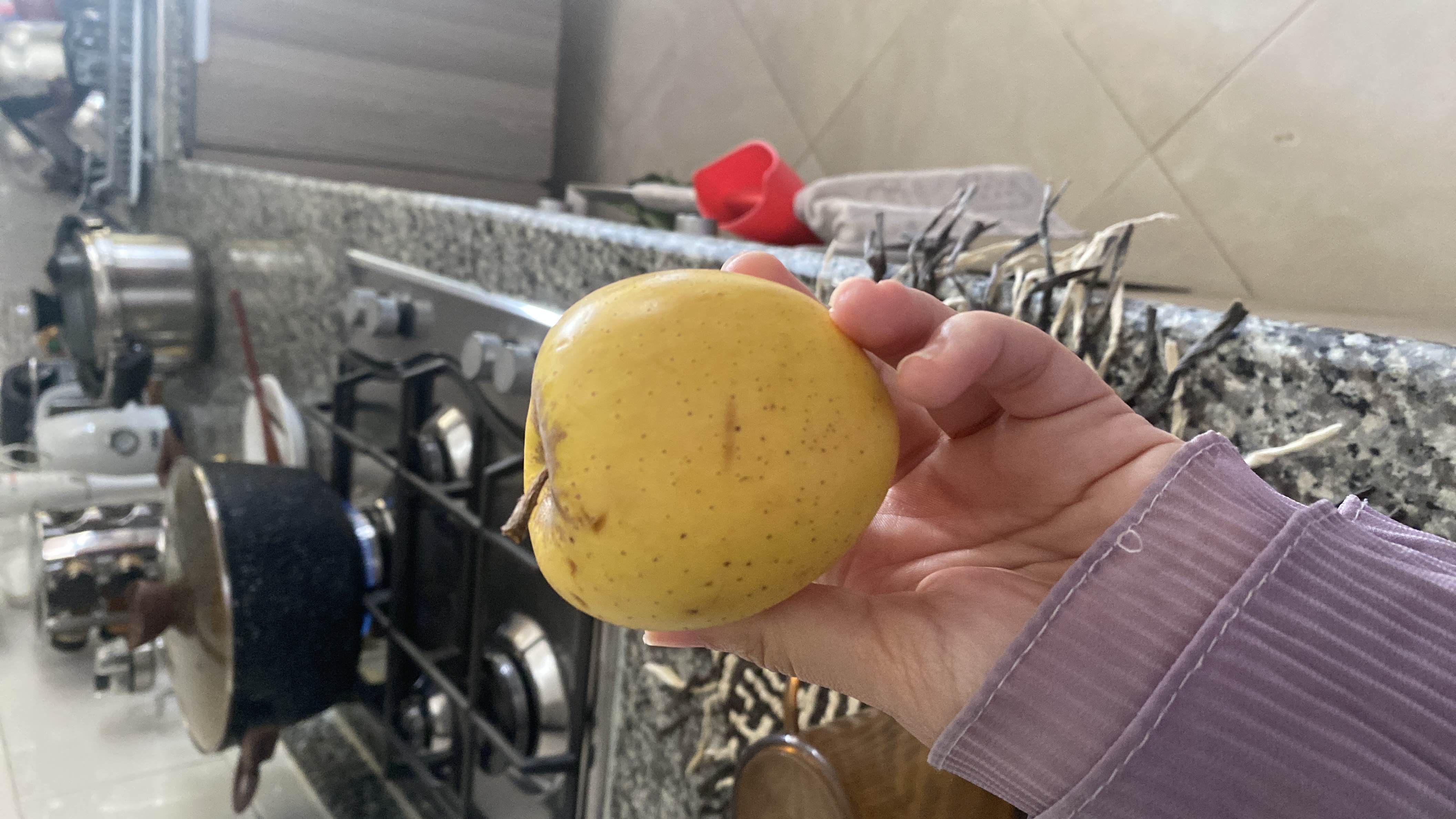 A fresh golden apple, rich in carbohydrates and fiber, providing a healthy and natural source of energy.